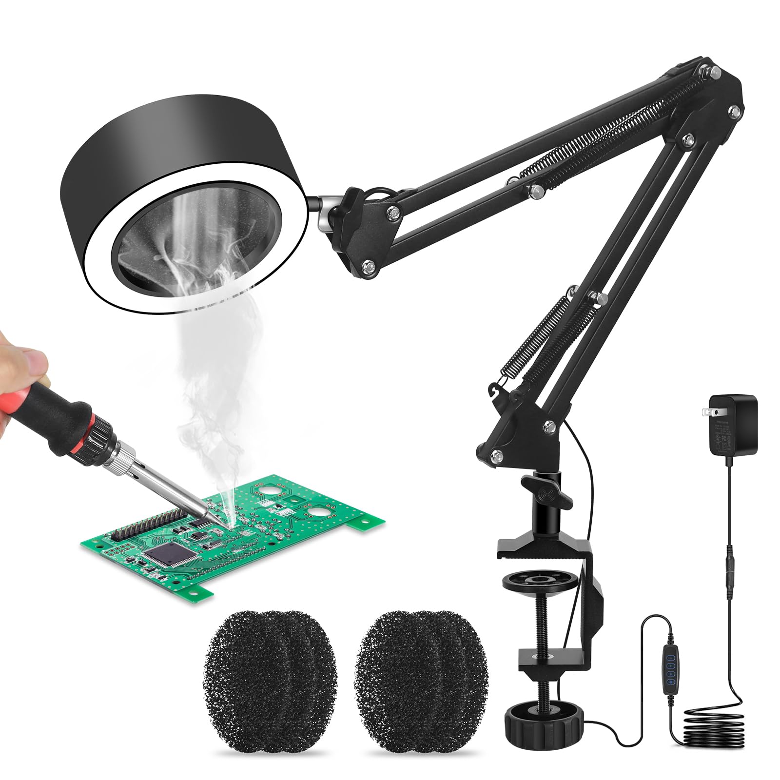 Professional Solder Smoke Absorber with 7 Filters - Adjustable Fume Extractor Fan & LED Workbench Light (3 Color Modes, 10 Brightness Levels) for Soldering, Welding, Electronics Repair, DIY Projects and Reading - Ideal for Home Workshops and Laboratories