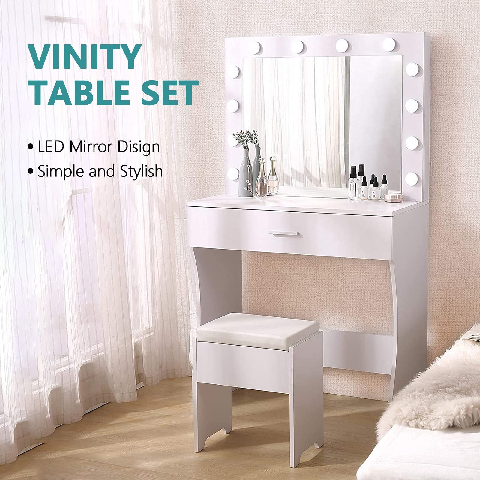 Vabches Makeup Vanity with LED Lights - Adjustable Brightness Dressing Table with Large Drawer, Sturdy White Vanity Desk for Bedroom, Studio, or Home Salon - Perfect for Makeup Application, Skincare Routine, and Self-Care Space