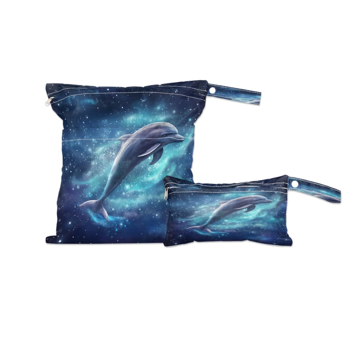 Galaxy Dolphin Wet Dry Bags 2 Pack - Waterproof Travel Laundry Bags, Swimsuits Storage & Cloth Diaper Wet Bags for Beach, Pool, Gym, Yoga | Perfect for Swimming, Baby Care, Sports & Travel Organization