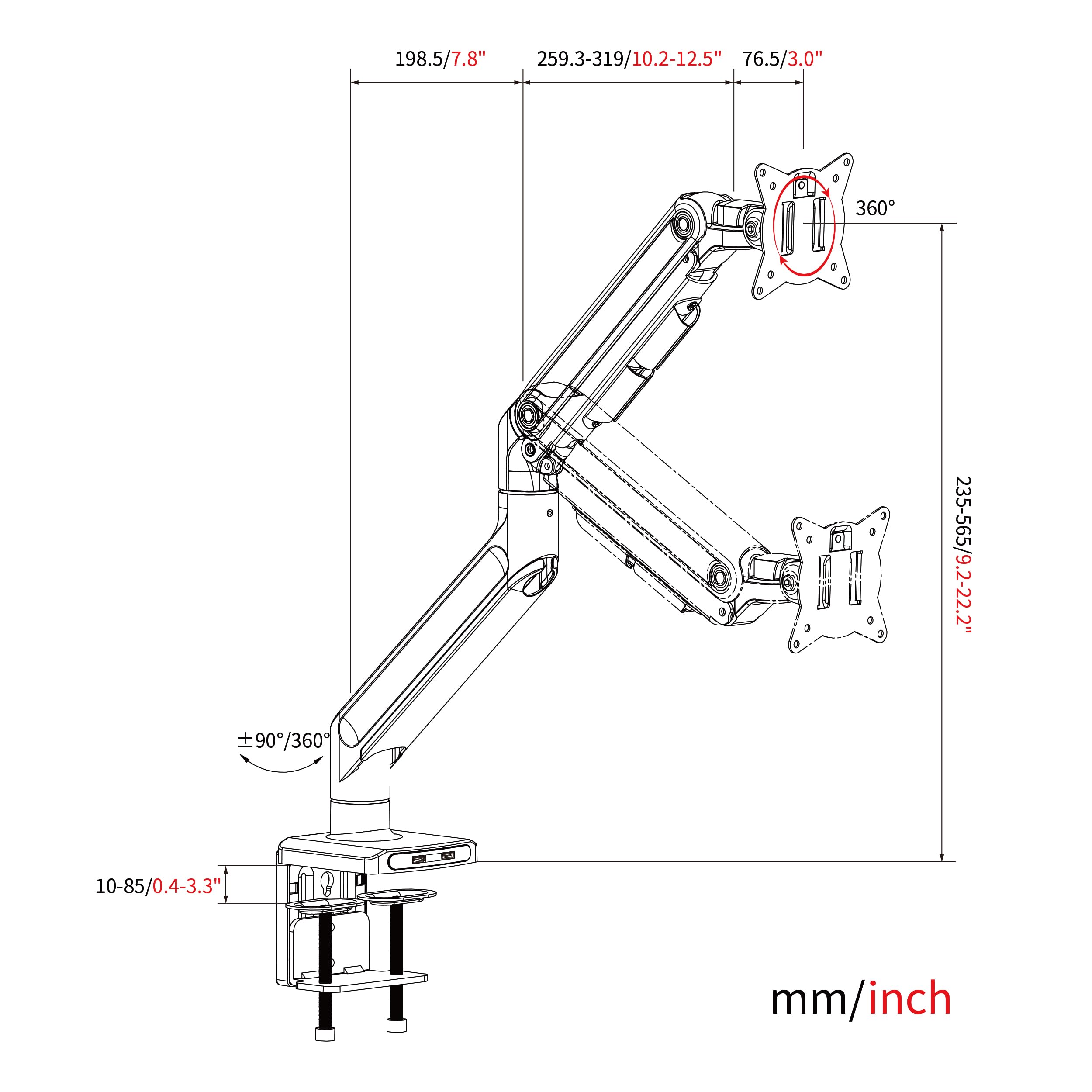 HFTEK Heavy Duty Single Monitor Arm Mount for 1-49 Inch Curved/Flat Screens - Adjustable Tilt Swivel VESA 75x100/100x100 - Supports up to 20kg - Perfect for Home Office, Gaming Setup & Workstation Ergonomics (HF24G07U)