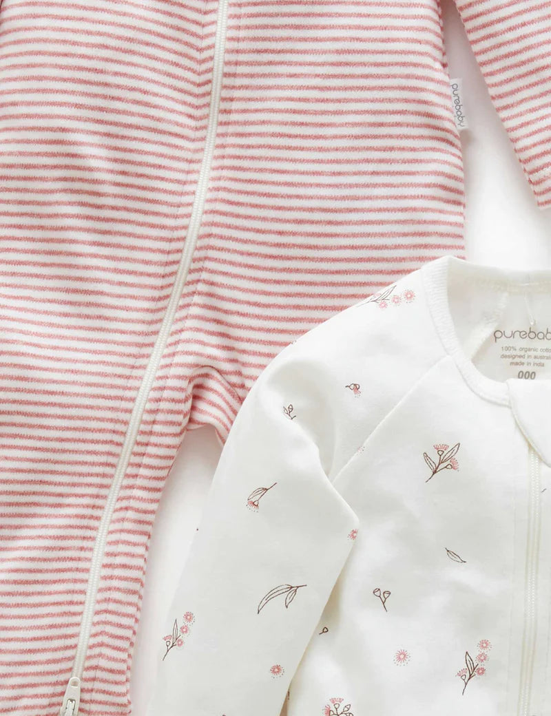 Purebaby Organic Cotton Zip Growsuit 2 Pack - Vanilla Blossom | Soft Baby Sleepwear for Newborns & Infants | Perfect for Nursery, Daycare & Playtime