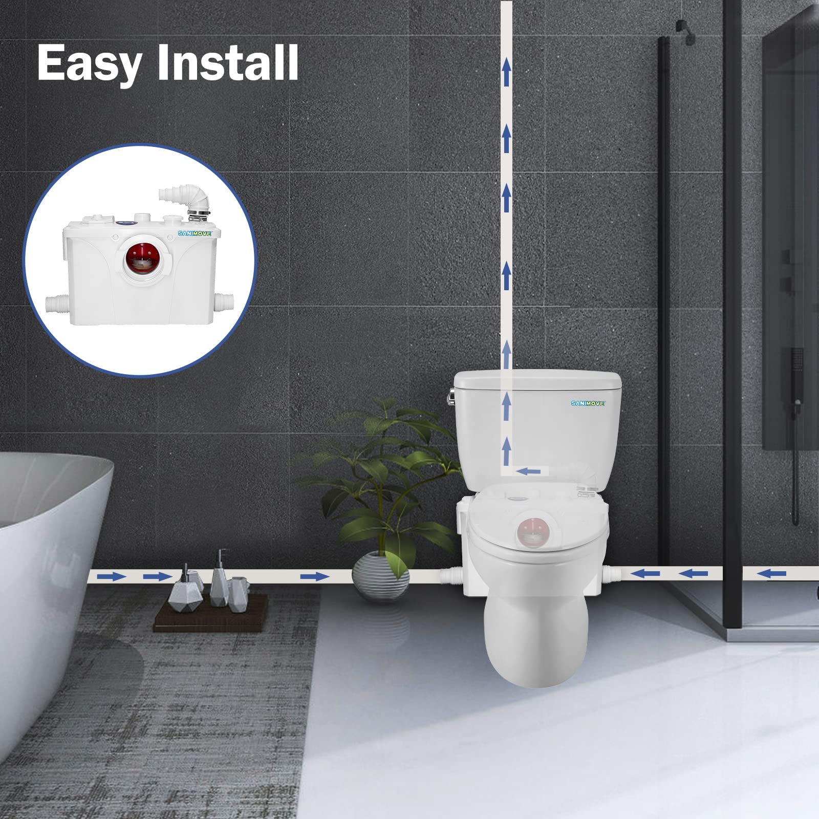 700W Macerator Pump for Upflush Toilet System - 4 Water Inlets for Toilet, Kitchen Sink, Laundry & Disposal | Heavy-Duty Sewage Grinder Pump | Ideal for Basement Bathrooms, Tiny Homes & RV Plumbing