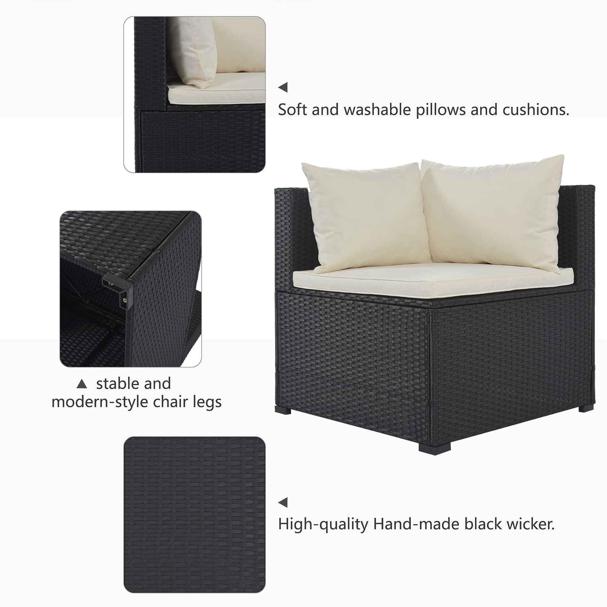 9-Piece Outdoor Patio Furniture Set - Large Wicker Rattan Sofa Sectional with Beige Cushions - Black Synthetic Wicker for Garden, Backyard, Porch & Poolside - Perfect for Relaxing, Entertaining & Outdoor Lounging