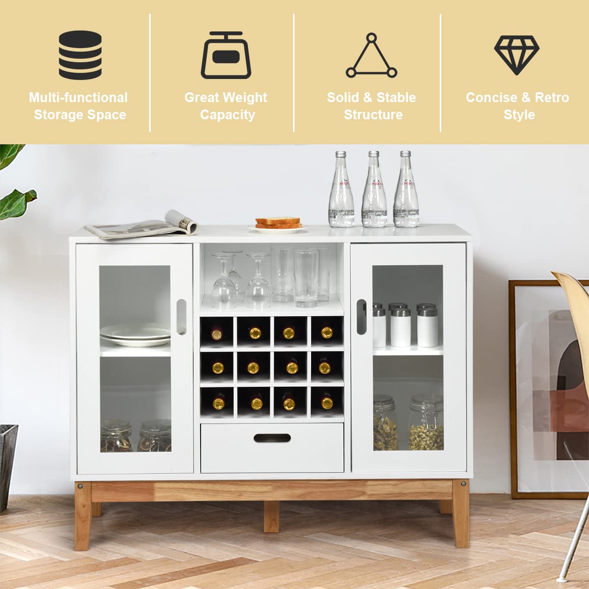 Modern Kitchen Storage Sideboard with Wine Rack - 12 Bottle Capacity, 2 Glass Doors, Adjustable Shelves & Drawer - Coffee Bar Cabinet for Dining Room, Entryway or Kitchen Organization
