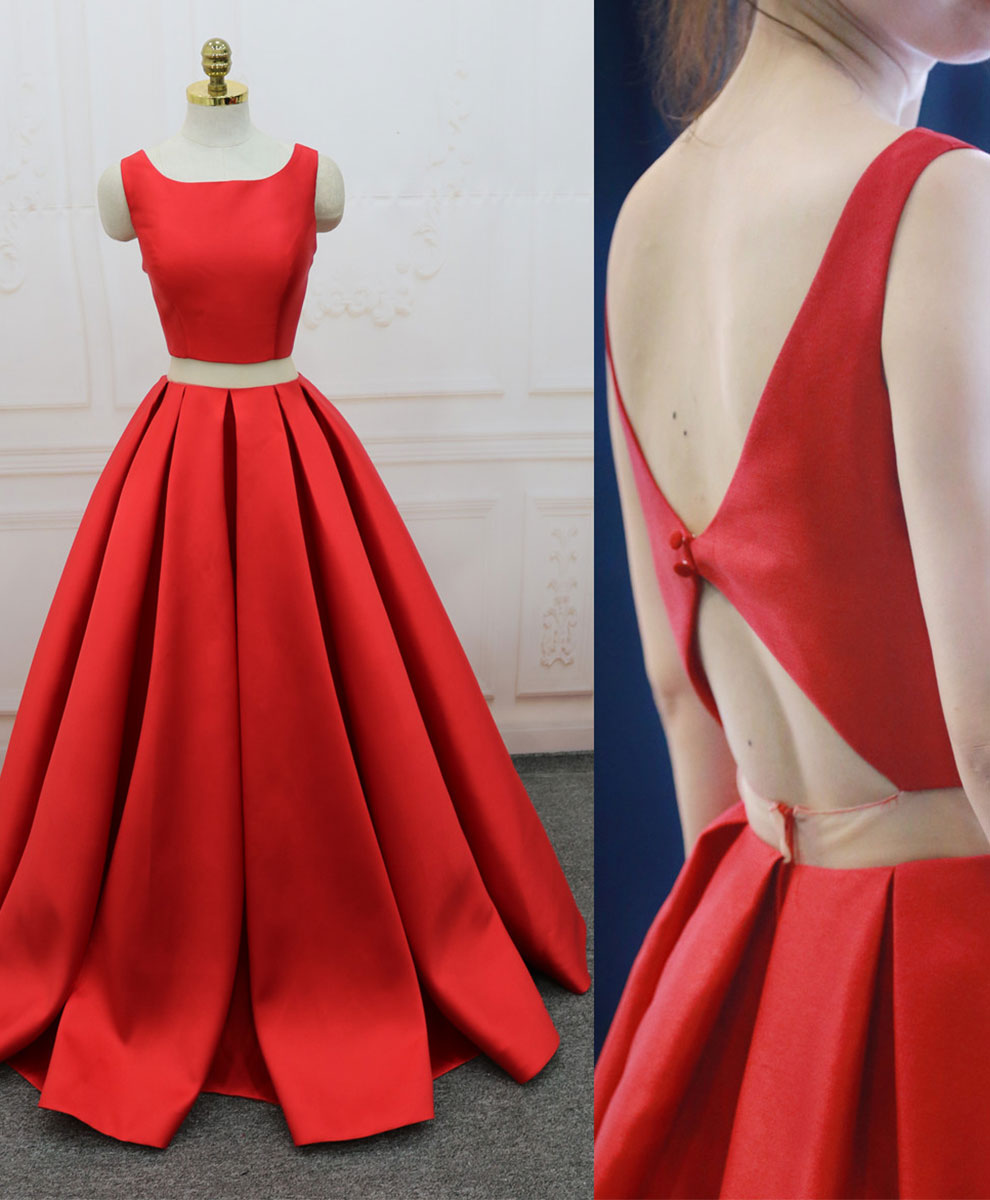 Elegant Red Satin Two-Piece Long Prom Dress for Women - Formal Evening Gown for Homecoming, Ball & Special Occasions