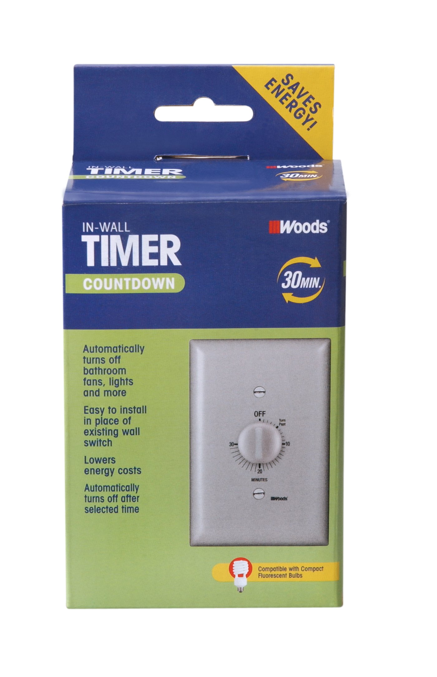 Woods 59716 30-Minute Spring Wound In-Wall Timer - Gray | Automatic Light Switch for Bathroom, Laundry Room & Home Automation