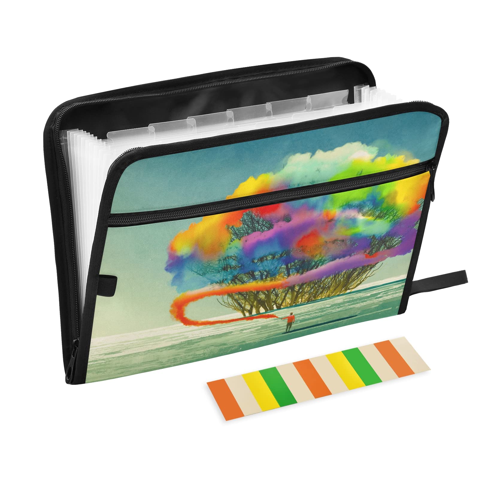 Colorful Trees Expanding File Folder with Sticky Labels - 13 Pocket Accordion Organizer for Letter & A4 Paper Documents - Zipper Closure Expanding Zip File - Perfect for Office, School, and Home Organization (20811993)