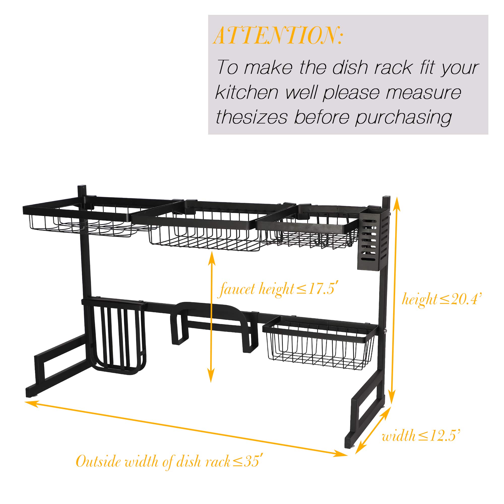 Stainless Steel 2-Tier Over The Sink Dish Drying Rack with Cutting Board & Sponge Holder - Space Saving Kitchen Counter Organizer for Dishes, Utensils & Sponges - Perfect for Small Kitchens, Apartments & RV Use (Black)