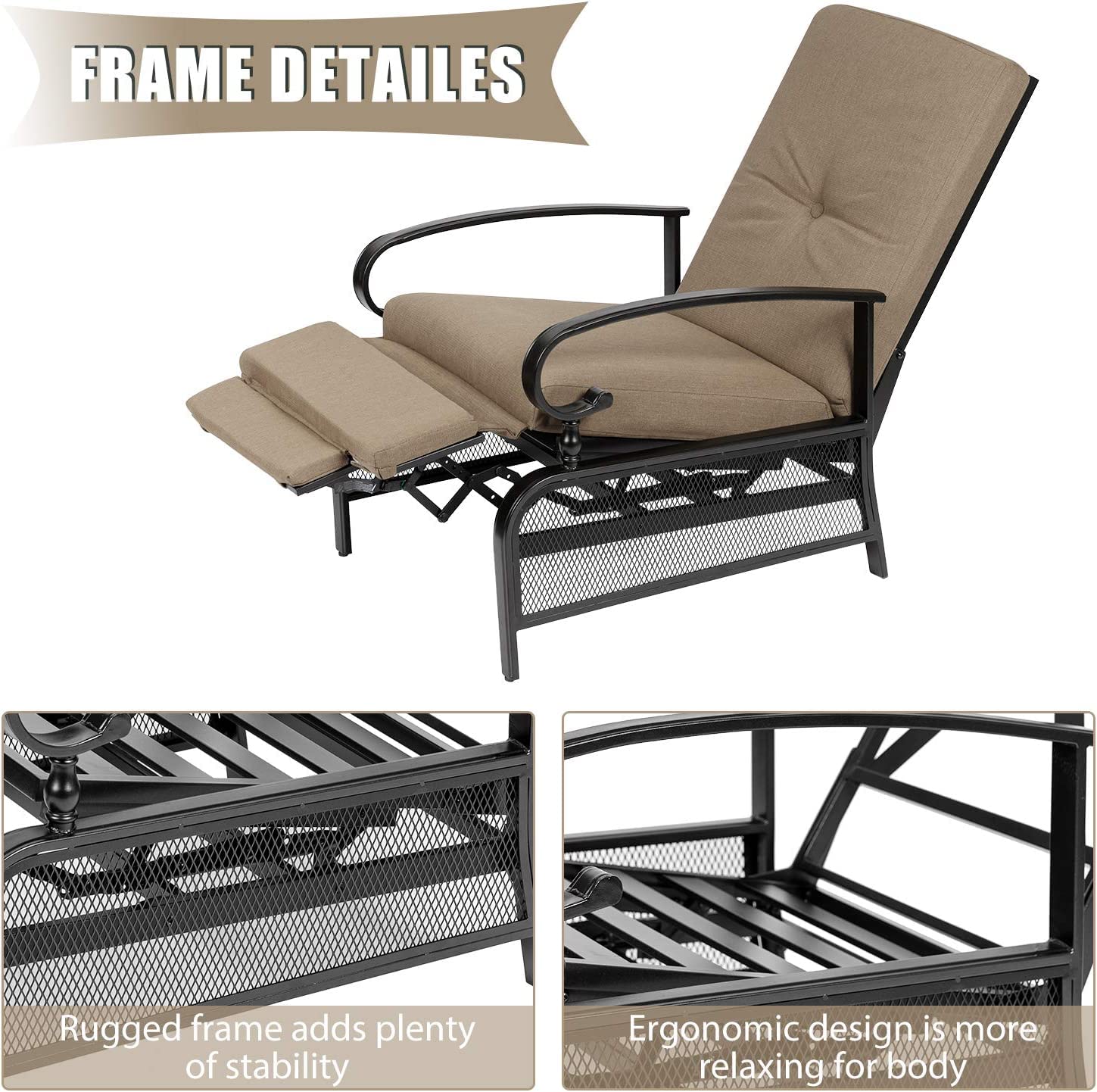 Betterland Outdoor Lounge Chair Set of 2 - Heavy Duty Metal Adjustable Patio Recliners with Extendable Frame & Removable Thickened Cushions, Beige - Perfect for Poolside, Backyard, Garden Relaxation and Sunbathing