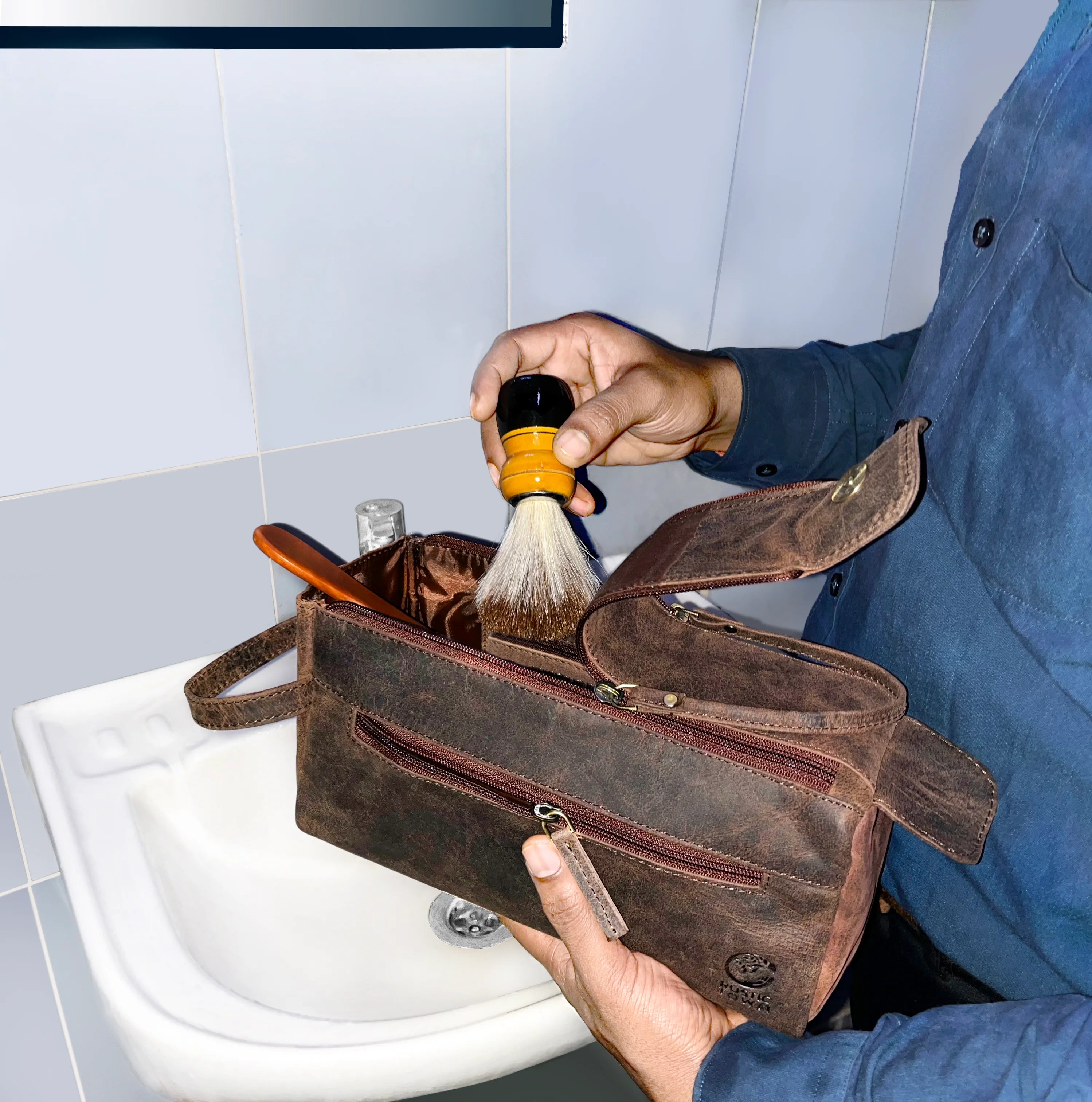 Premium Leather Travel Shaving Kit - Dark Brown Men's Grooming Bag for Toiletries & Razors | Perfect for Business Trips, Camping & Home Use