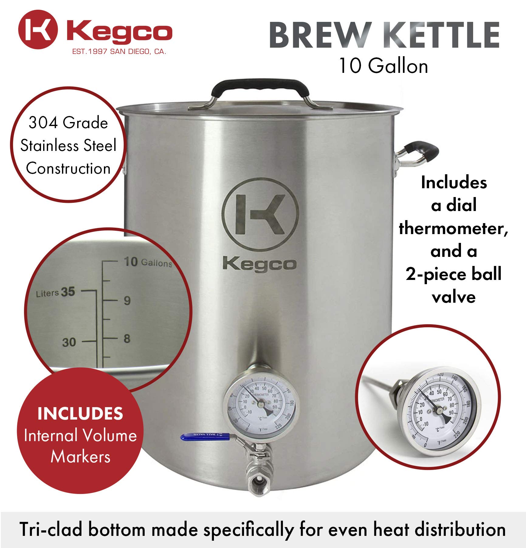 Kegco 3PXBK10-T2 10 Gallon Stainless Steel Brew Kettle - Perfect for Homebrewing Beer, Wort Boiling & Craft Brewing