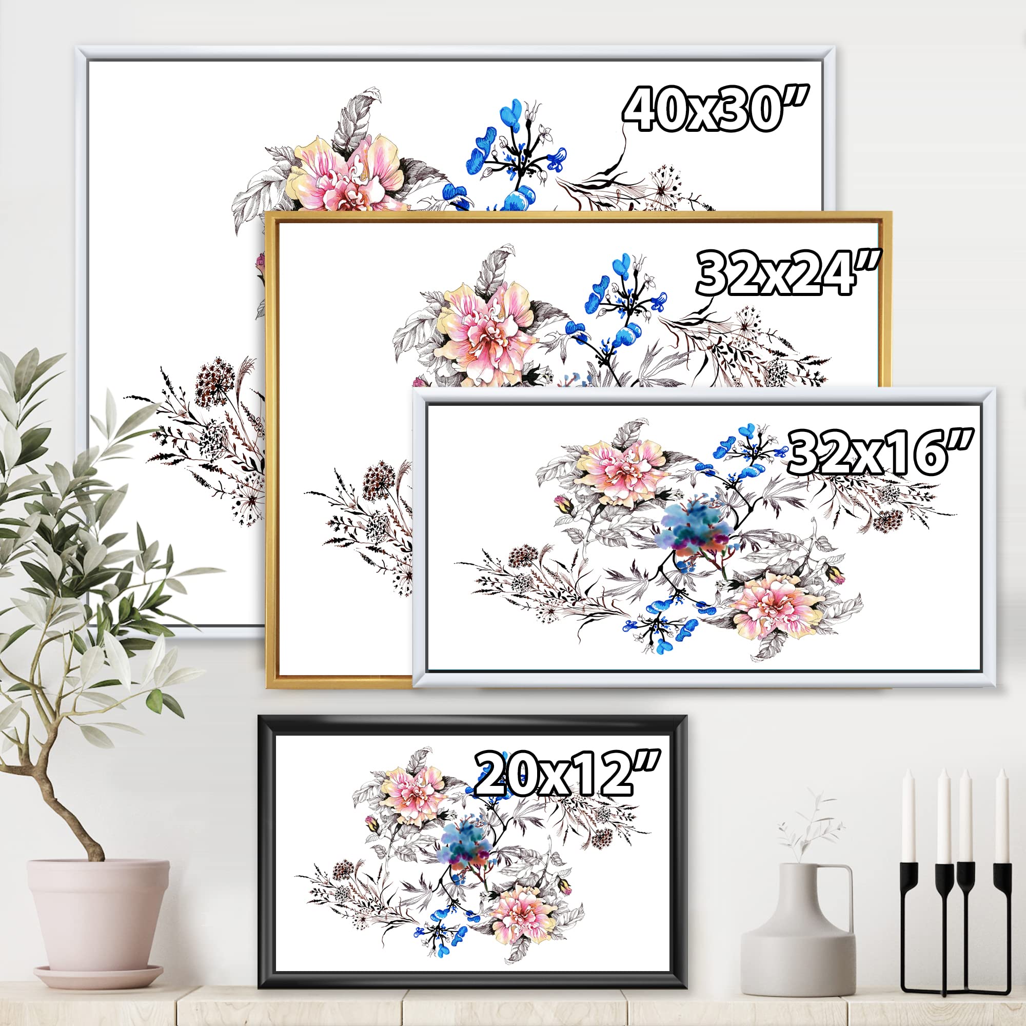 DesignQ Blue and Pink Wildflowers Framed Canvas Wall Art - Traditional Floral Home Decor for Living Room, Bedroom & Office