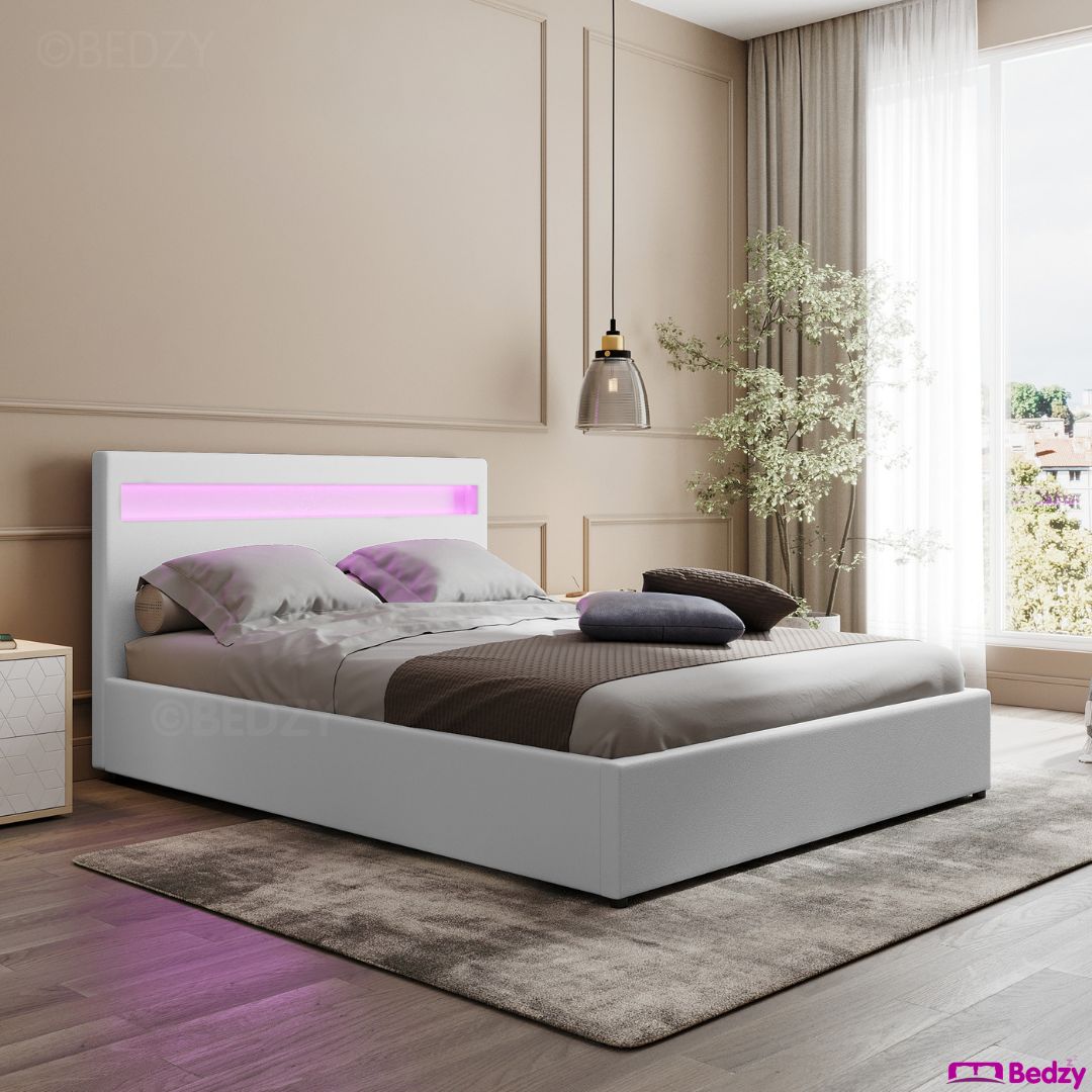 Wanda LED Bed Frame with Normay Series Pillow Top Mattress - Medium Firm Queen Size, White & Gray Double Package | Perfect for Modern Bedrooms, Guest Rooms & Airbnb Rentals