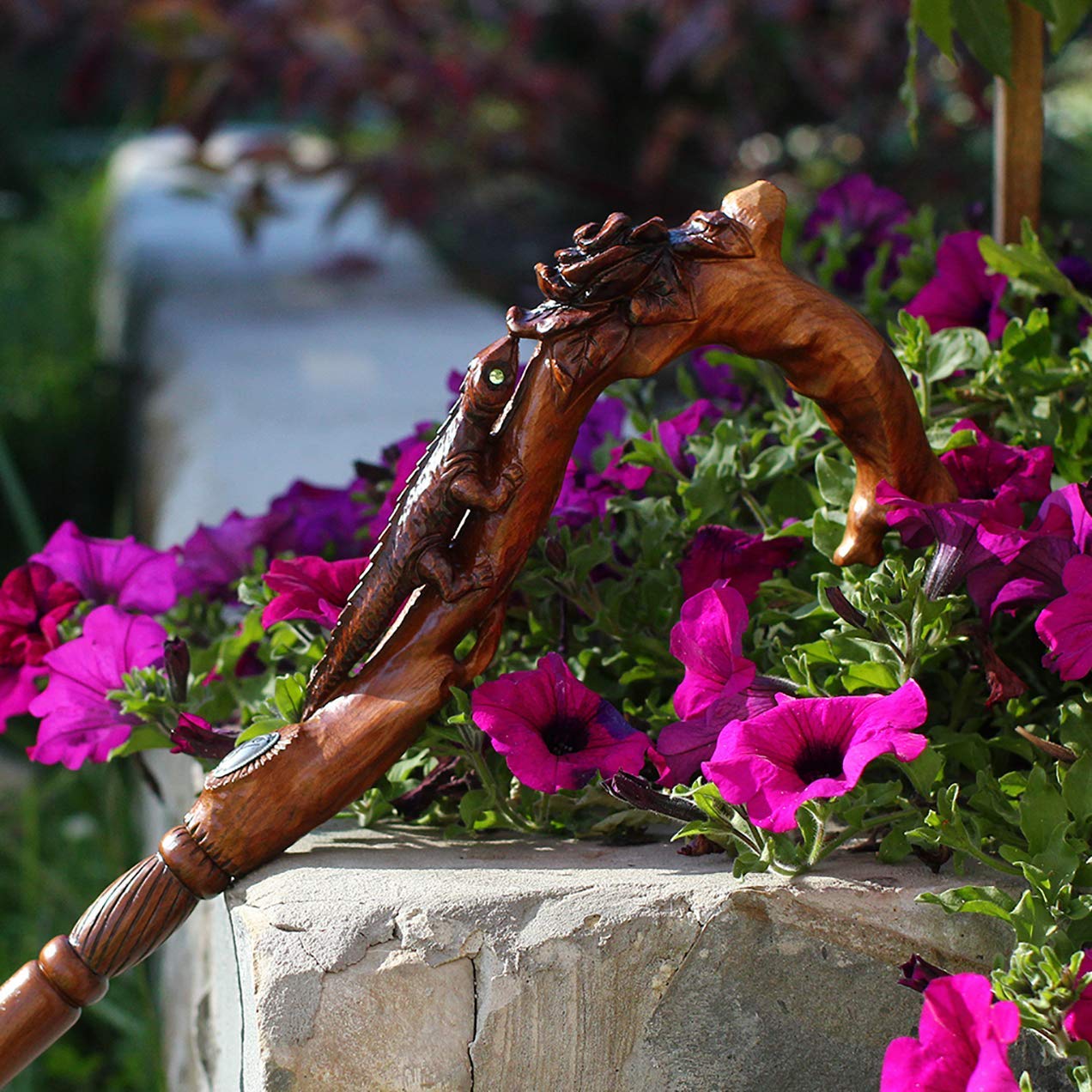 Hand Carved Wooden Walking Cane for Women - Elegant Floral & Lizard Design - Perfect for Hiking, Fashion Accessory, and Elderly Support