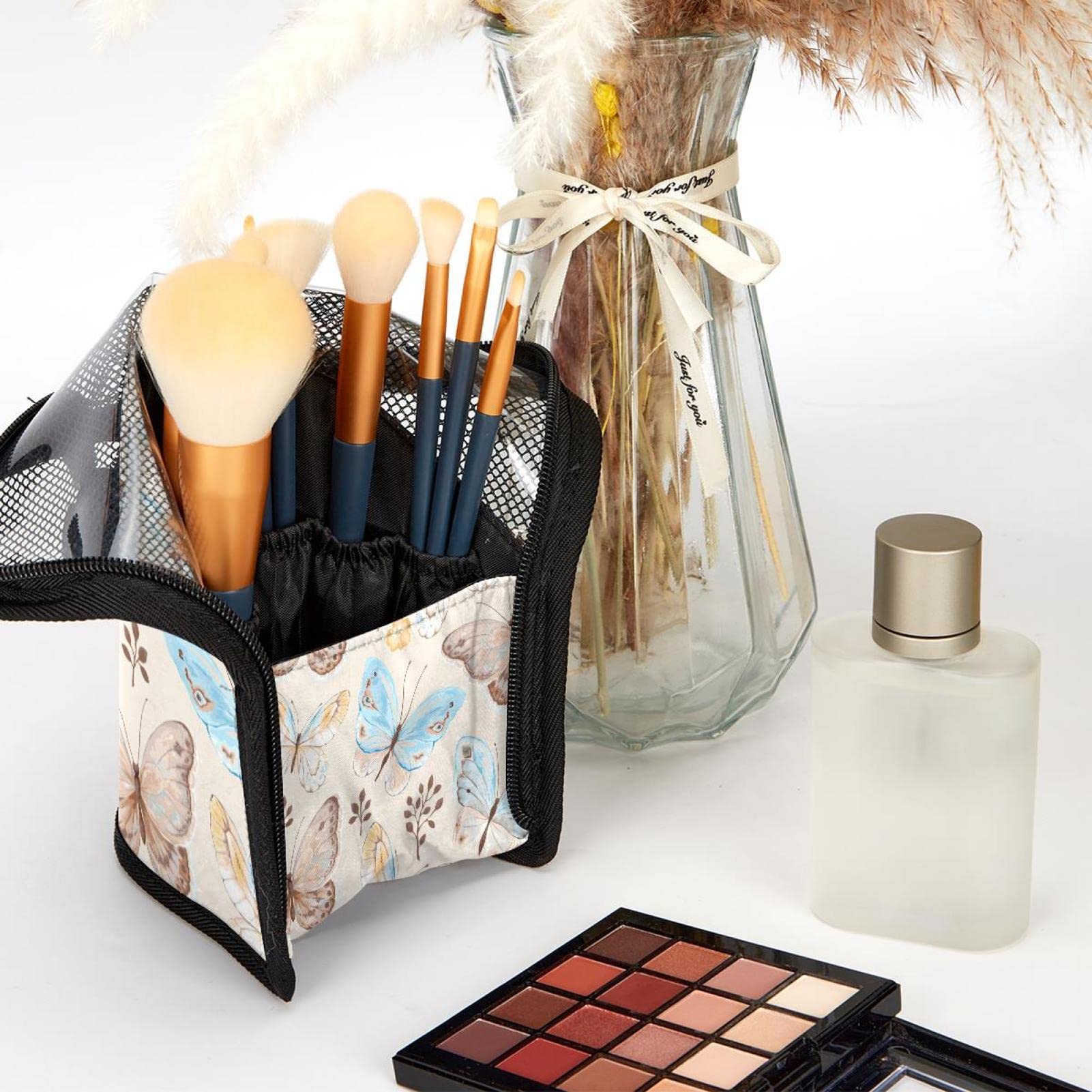 12-Piece Makeup Brush Organizer Bag with Floral Butterfly Design - Portable Cosmetic Brush Holder Case for Travel & Home Storage