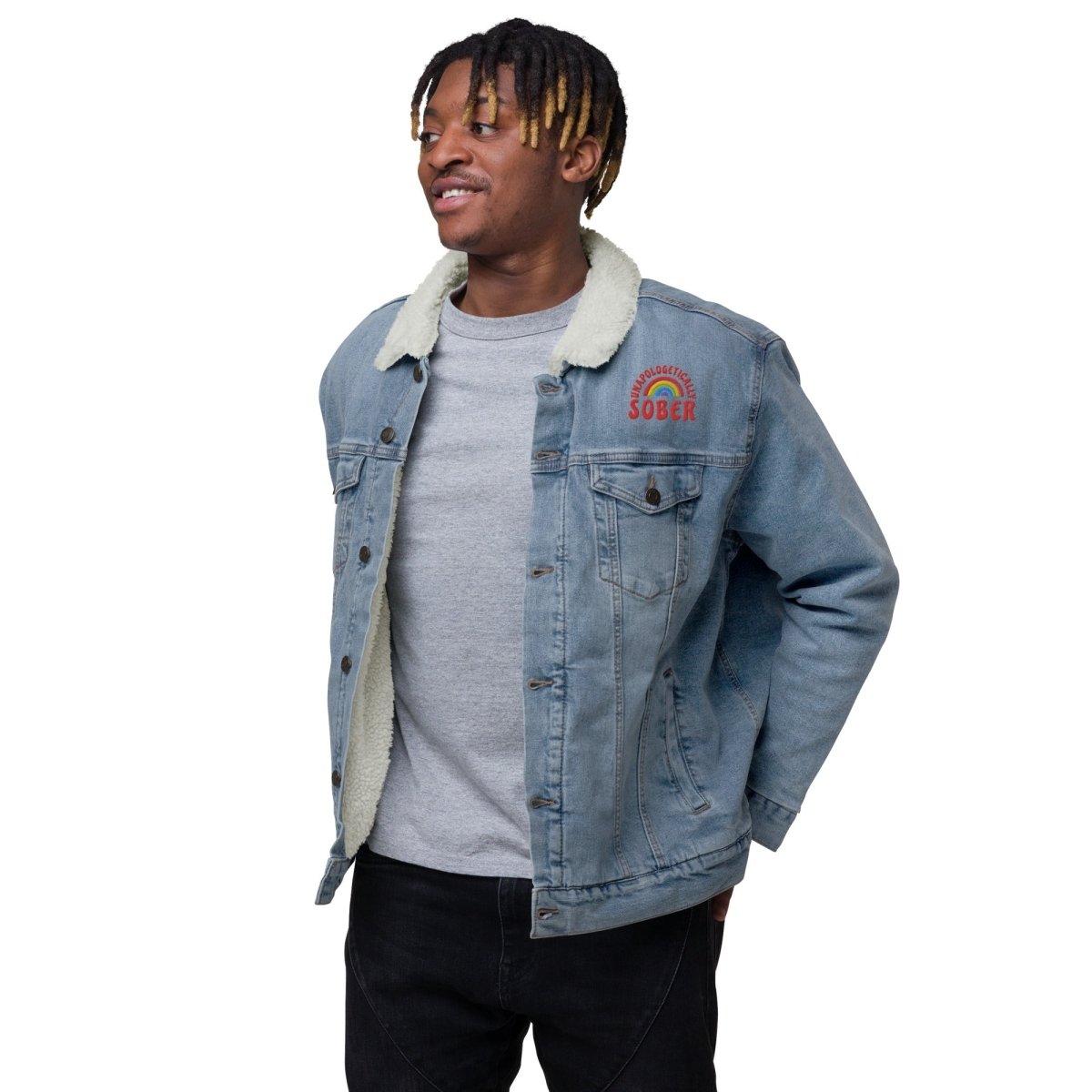 Unisex Sherpa Denim Jacket with Embroidered 'Unapologetically Sober' Design - Cozy Winter Fashion for Sober Living & Recovery Support