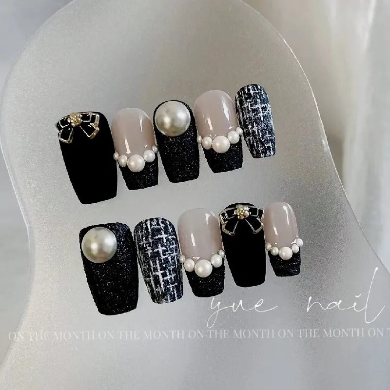 10Pcs Winter Ladder Shaped Handmade False Nails with Glue - Sweet Houndstooth Nail Design, Fashion Pearl Press on Acrylic Nail Tips for Parties, Weddings & Special Occasions