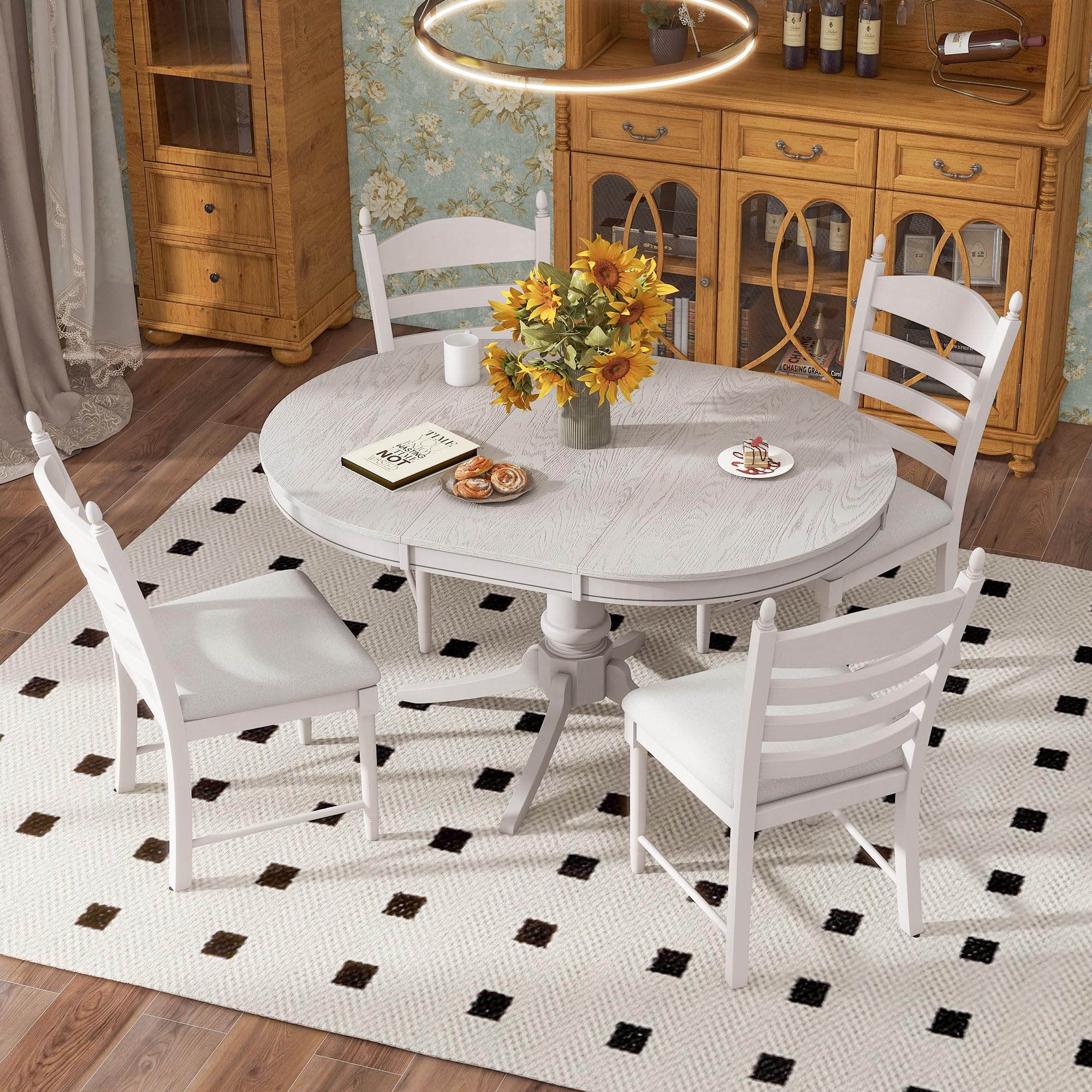 Knocbel Retro 4-Person Extendable Dining Table Set with 4 Upholstered Chairs - 5-Piece Kitchen Dinette Set in Antique White (58 Inch) - Perfect for Small Space Dining Rooms, Breakfast Nooks, Bistros & Home Bars