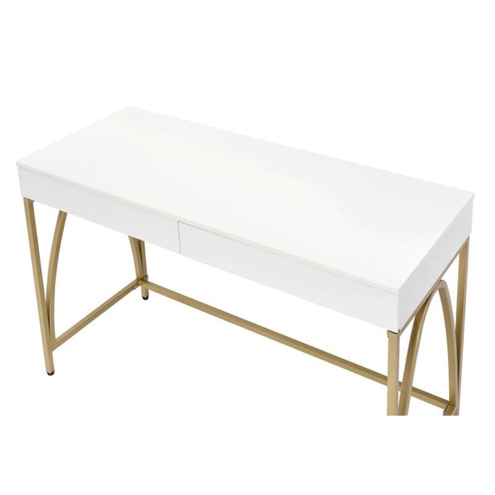 UrbanPro Contemporary White High Gloss & Gold Wood Writing Desk - Modern Home Office Furniture for Small Spaces, Study & Work from Home