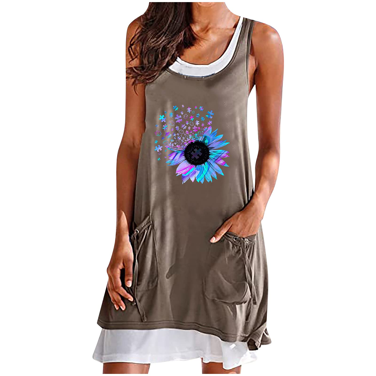 Women's Summer Sleeveless Tank Mini Dress - Casual Loose Fit Faux Two-Piece Dress for Beach, Vacation & Outdoor Parties