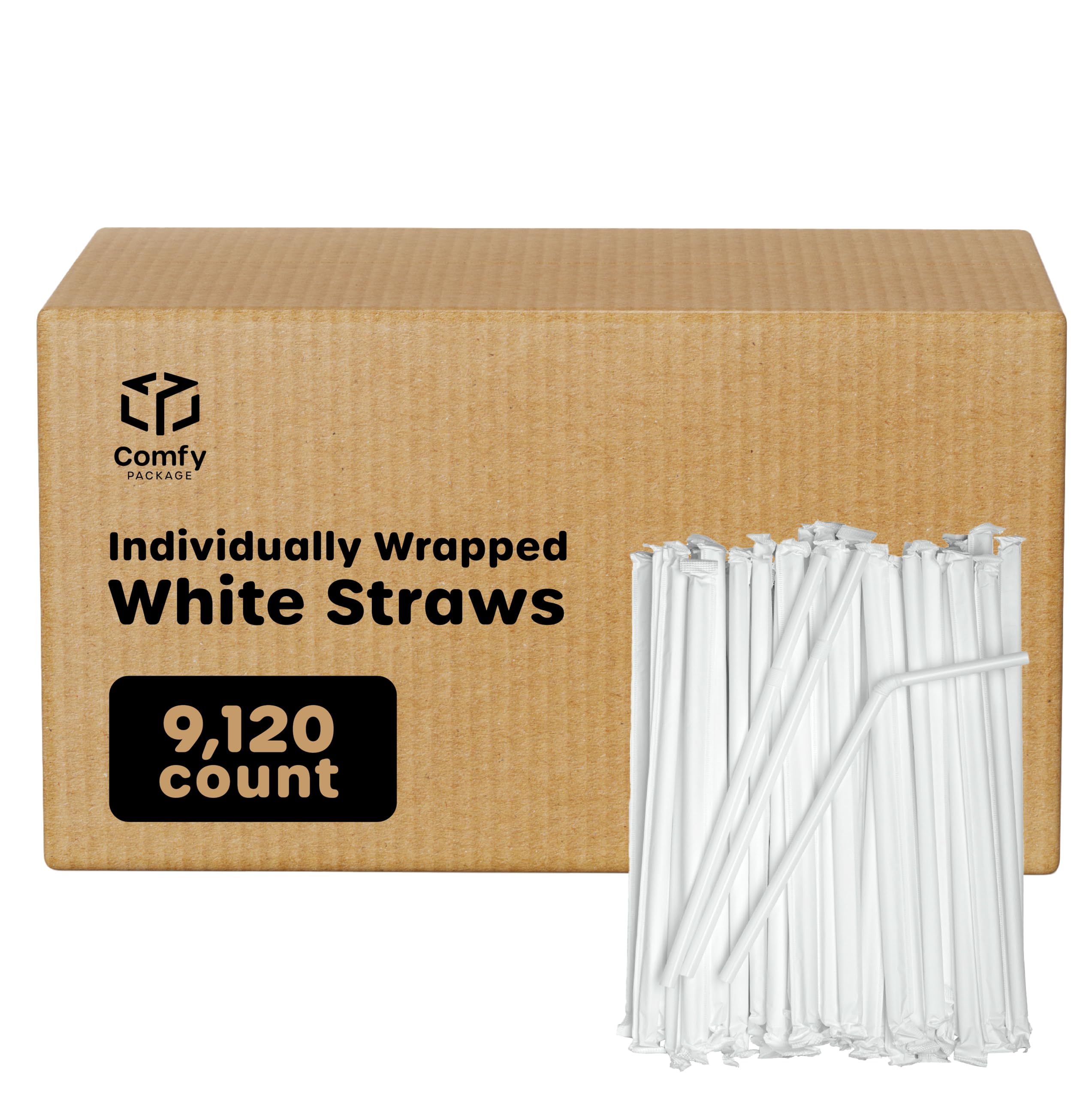 BPA Free Disposable Plastic Flexible Drinking Straws [Case of 9,120] - Individually Wrapped, White - Perfect for Restaurants, Cafes, Parties, and Home Use