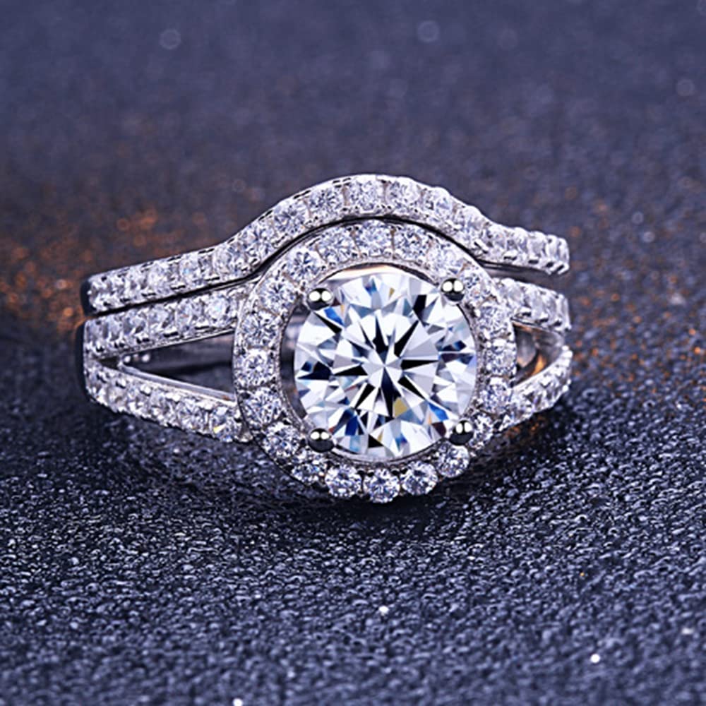 Platinum Plated Silver 1 Carat Moissanite Wedding Ring Set for Women - Bridal Engagement & Anniversary Promise Rings with Text Engraving - Perfect for Proposals, Weddings, and Romantic Gifts