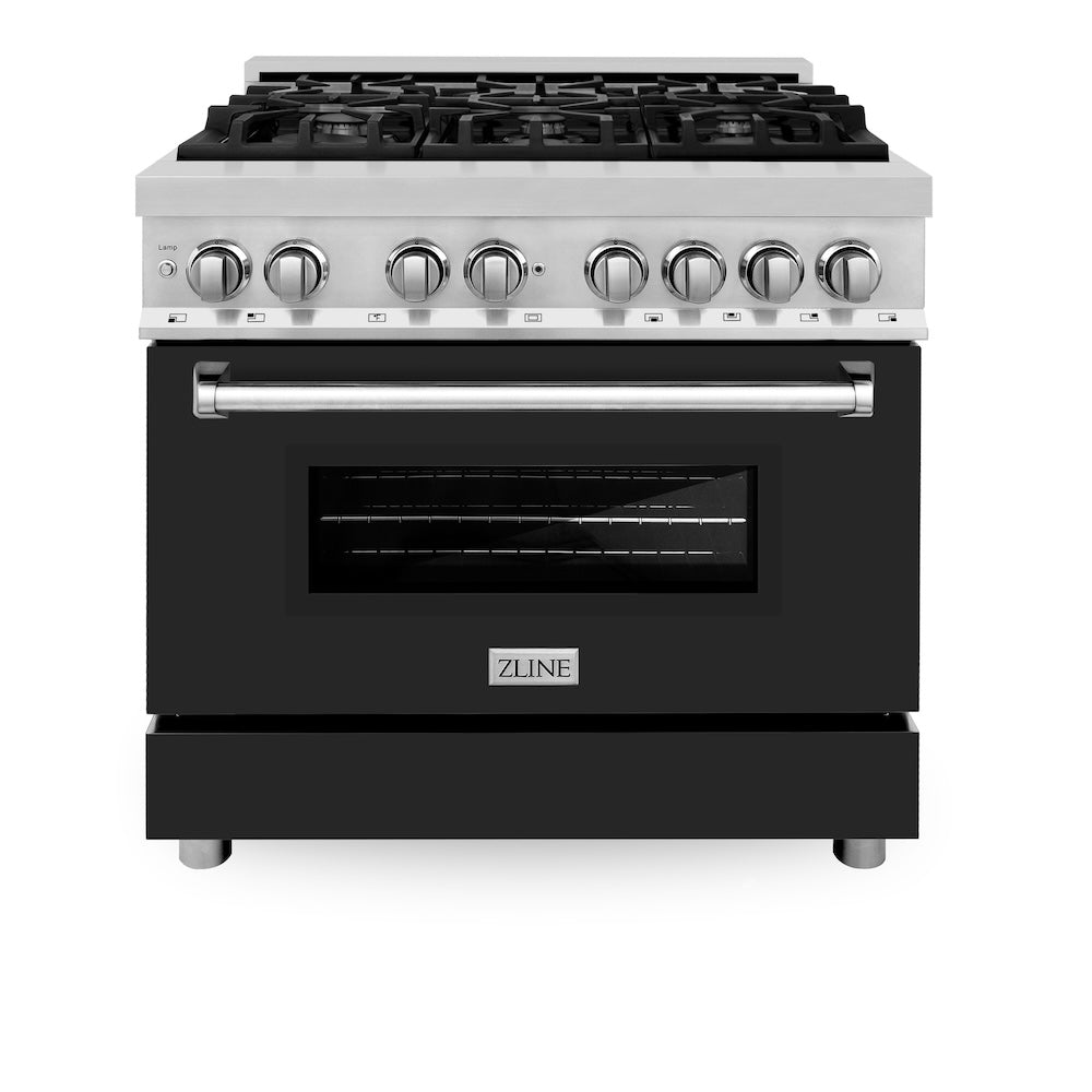 ZLINE 36 Inch Stainless Steel Dual Fuel Range with Black Matte Door & Convertible Vent Hood - Professional Kitchen Package (2KP RABLMRH36) | Ideal for Home Chefs & Modern Kitchens