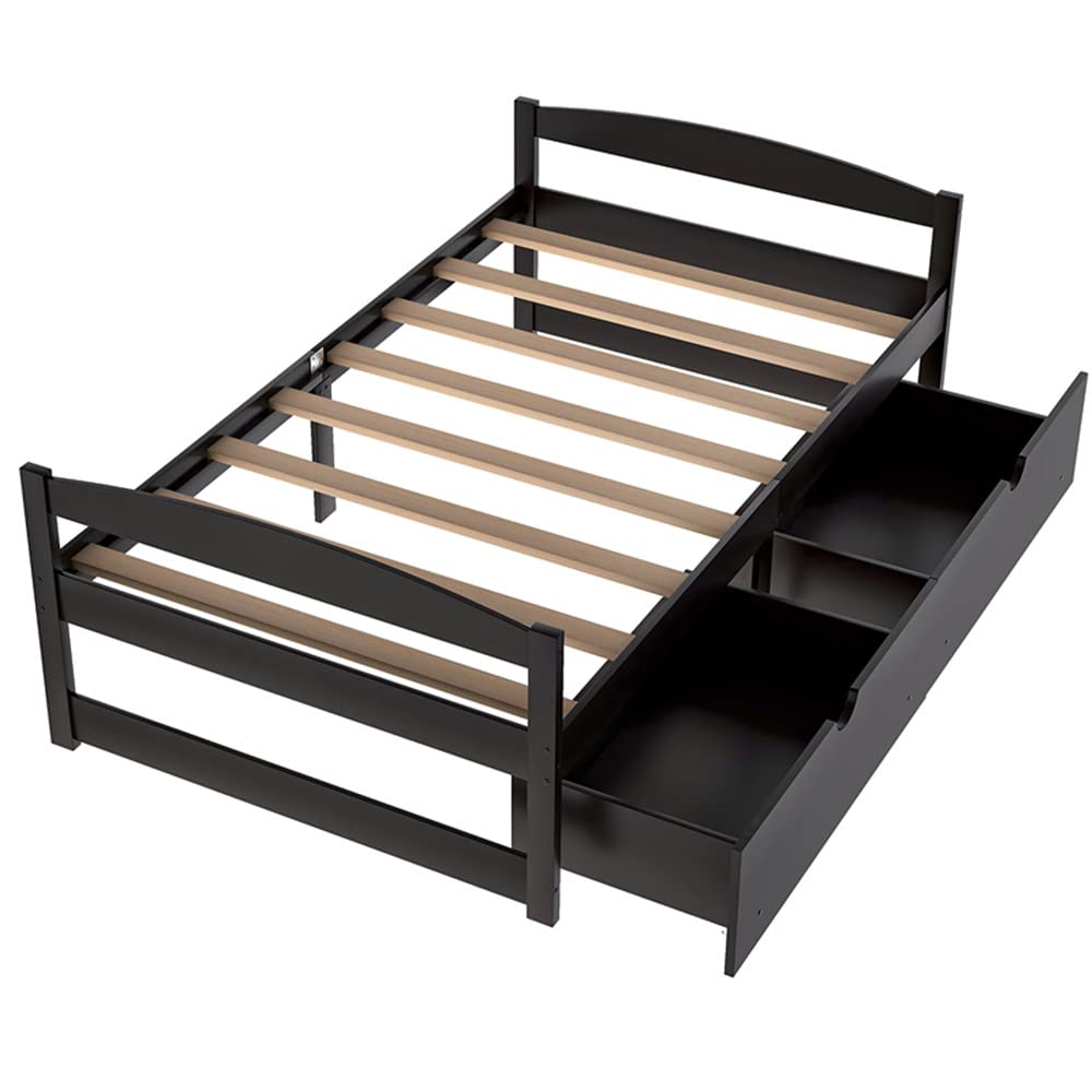 Solid Wood Twin Size Platform Bed Frame with 2 Storage Drawers - Captain's Bed with Wood Slat Support, Headboard & Footboard - No Box Spring Needed - Espresso Finish - Perfect for Small Bedrooms, Guest Rooms & Dorm Rooms