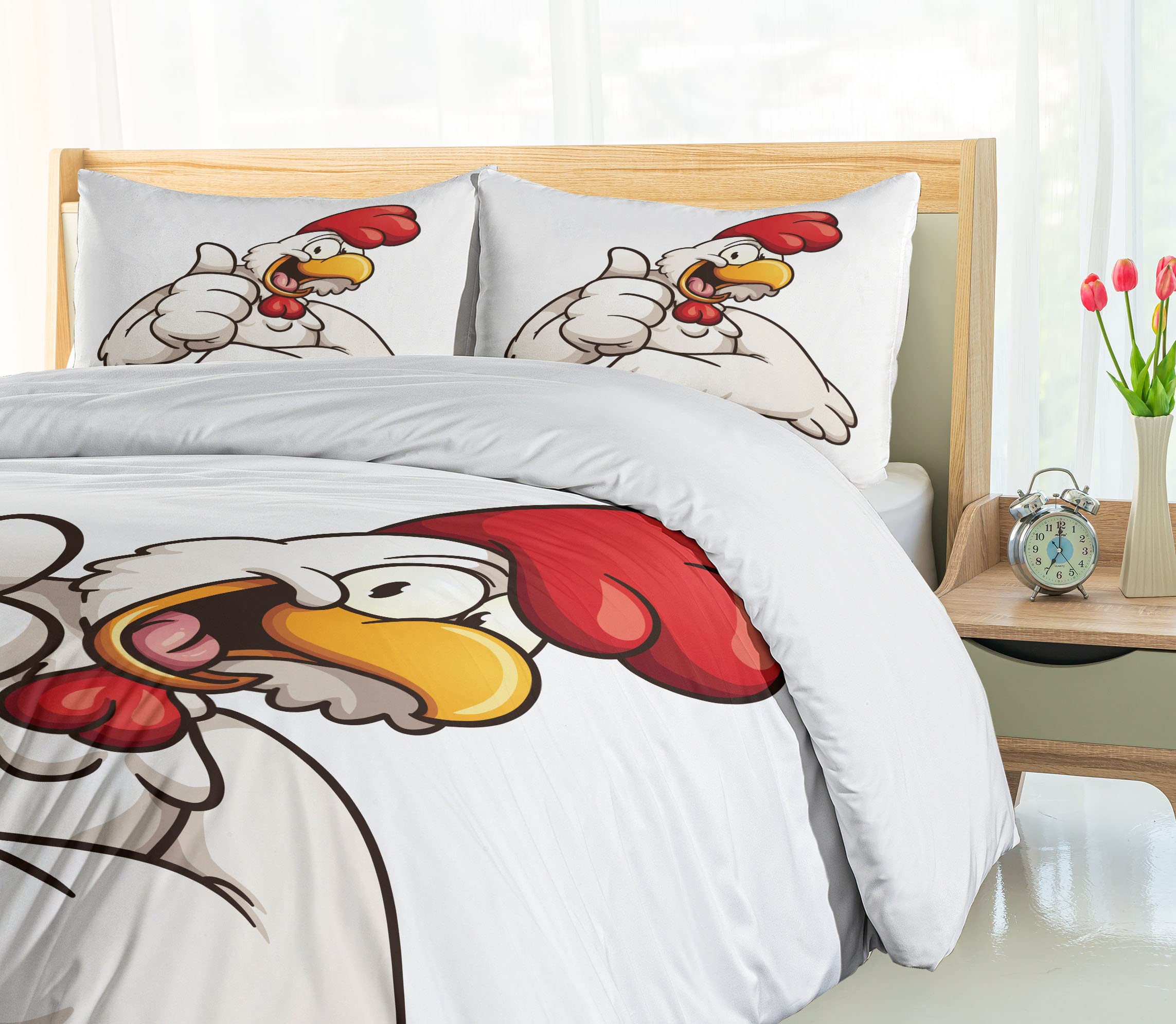 Ambesonne Smile Duvet Cover Set - Cartoon Style Joyous Chicken with Funny Thumbs Up Design | 3-Piece King Size Bedding Set with 2 Pillow Shams in White Vermilion Eggshell | Perfect for Kids' Rooms, Teen Bedrooms & Whimsical Home Decor