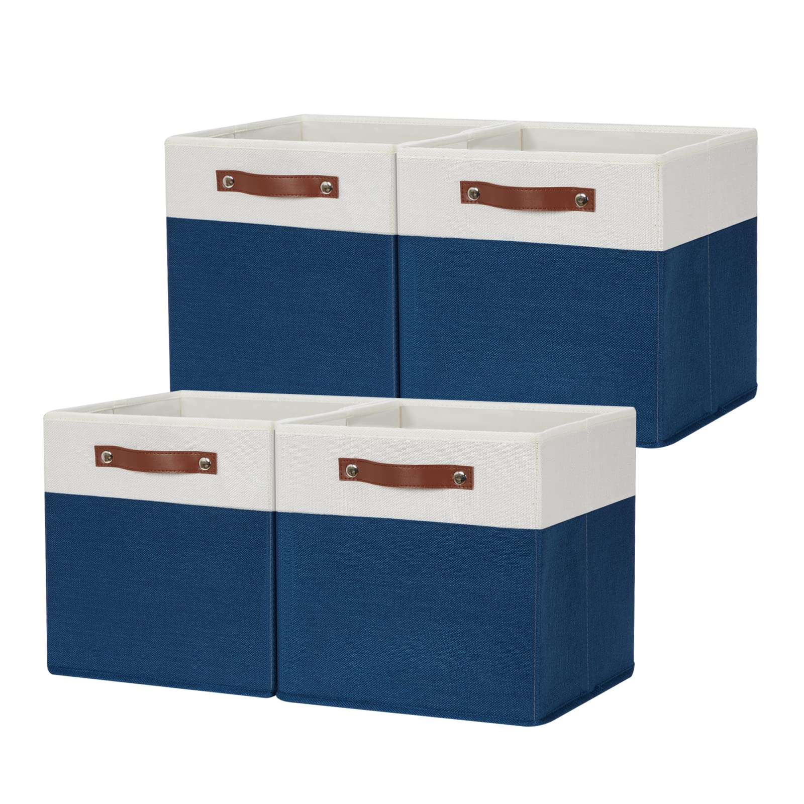 HNZIGE 12x12 Inch Fabric Storage Cubes with Handles, Set of 4 - Decorative Cube Organizer Bins for Home, Nursery, Closet & Toy Storage | Space-Saving Blue & White Square Baskets for Shelves, Cabinets & Underbed Organization