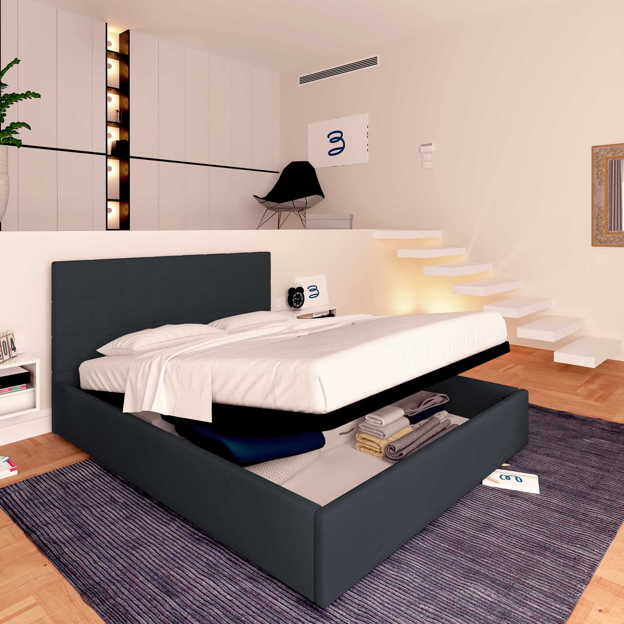 Baldiflex Single Bed with Storage - Synthetic Leather Dublin Model, Slatted Base for Single Mattress, 140 x 190 cm, Elegant Headboard, Dark Gray - Perfect for Small Bedrooms, Guest Rooms & Studio Apartments