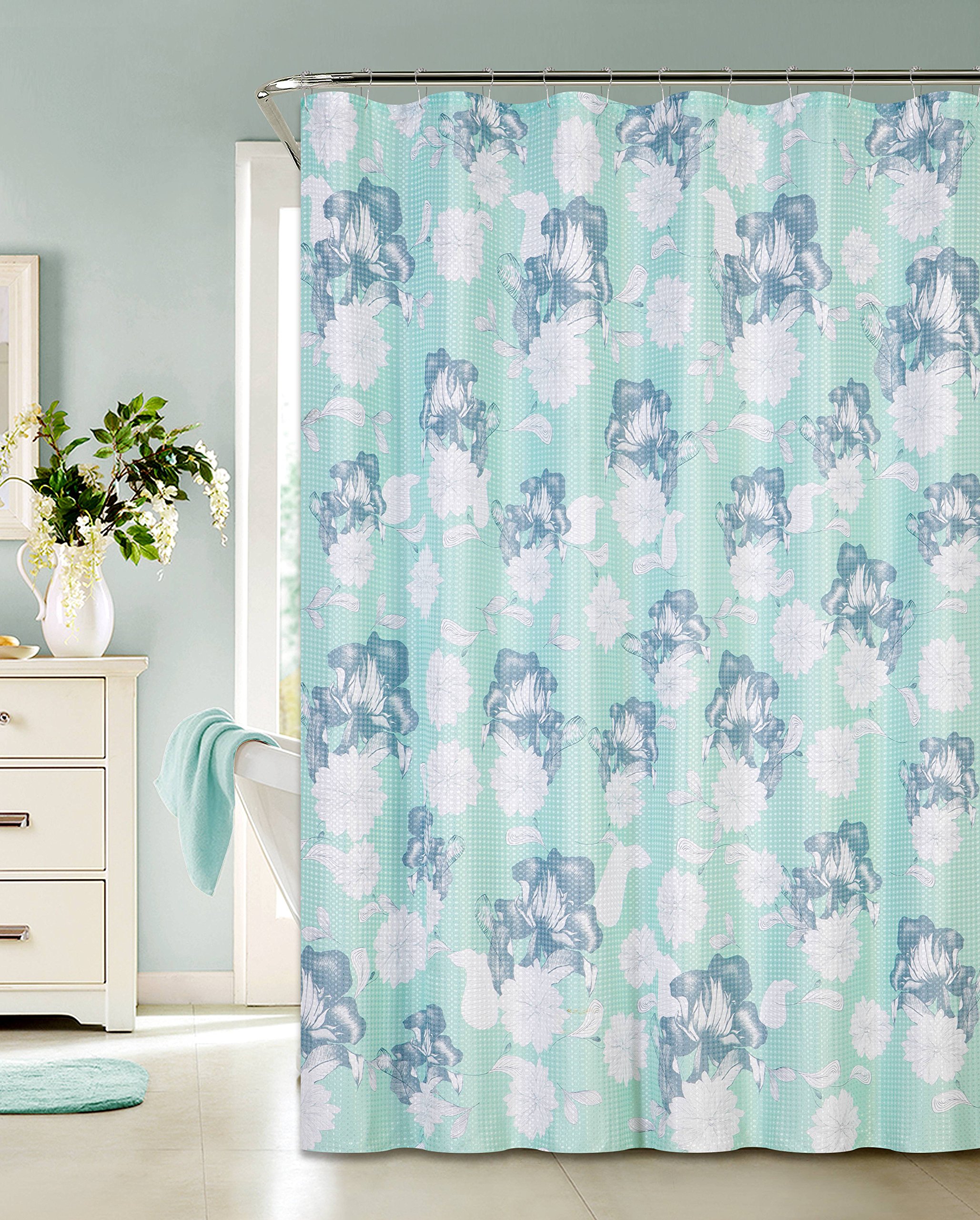 Elegant 13-Piece Bathroom Set with Lurex Shower Curtain & 12 Metal Hooks - Floral Blue Design for Modern Home Decor | Perfect for Master Bath, Guest Bath & Apartment Upgrades