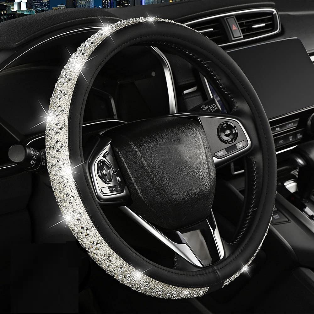 Sparkling Crystal Rhinestones Steering Wheel Cover - Bling Diamond Leather Car Accessories for Women & Girls | Universal 15 Inch Wheel Protector (White) | Luxury Car Interior Upgrade & Gift Idea for Her