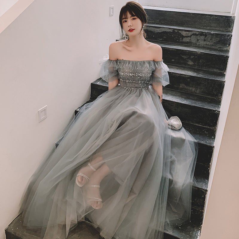 Elegant Off Shoulder Tulle Long Prom Dress in Gray Green - Formal Evening Gown for Homecoming, Wedding & Special Occasions | Style 299