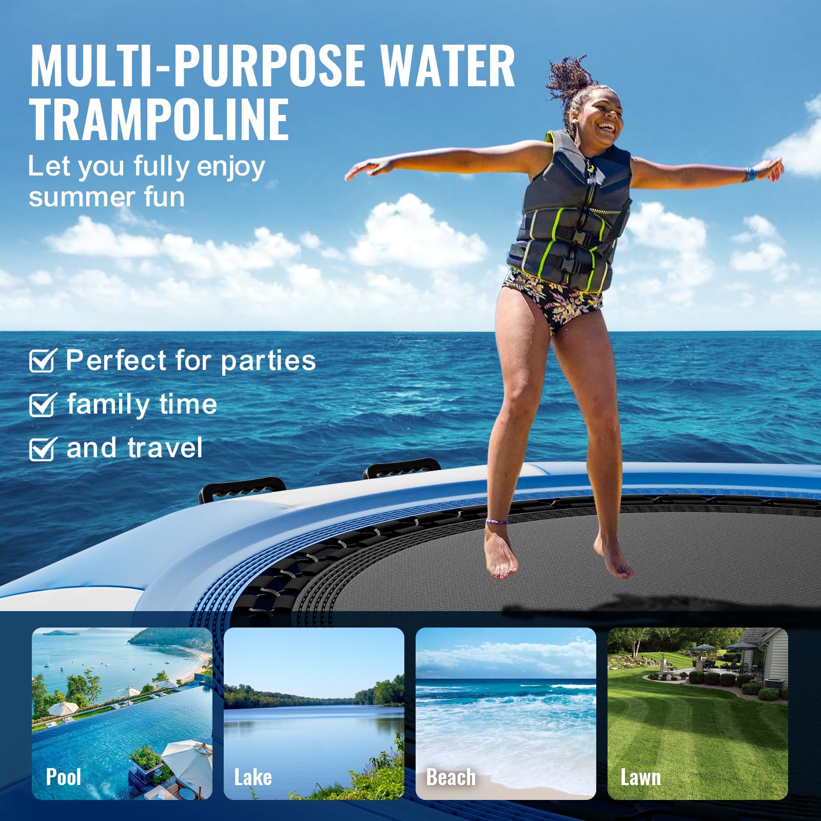 VEVOR 6.5ft Inflatable Water Trampoline with Electric Air Pump - Portable Bounce Swim Platform for Kids & Adults - Includes 3-Step Ladder - Perfect for Pool, Lake, Beach, and Water Sports Fun