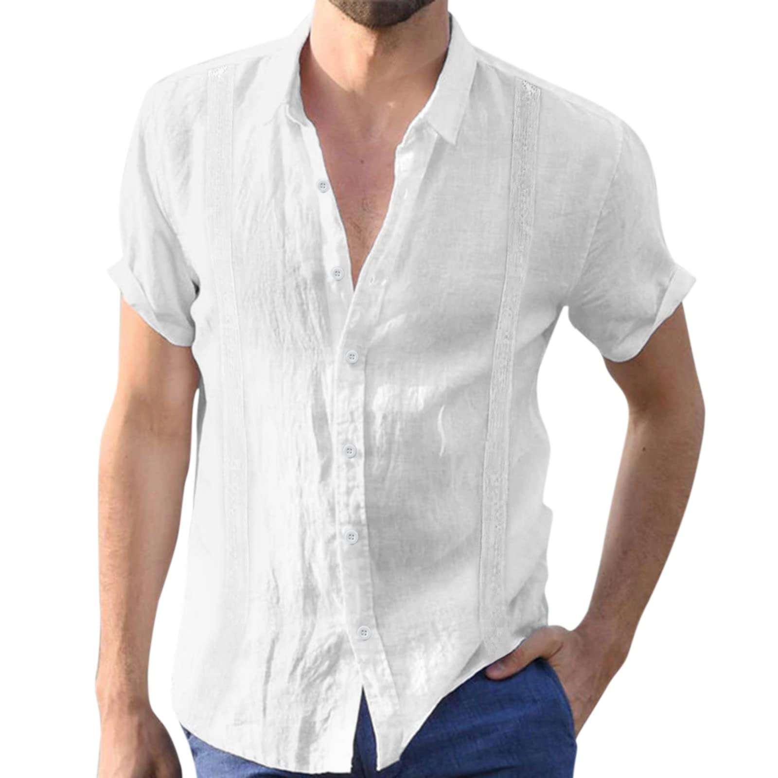Men's Short Sleeve Casual Shirt with Embroidery & Turn-Down Collar - Breathable Summer Solid Color Shirt for Outdoor Activities, Office Wear & Weekend Outings