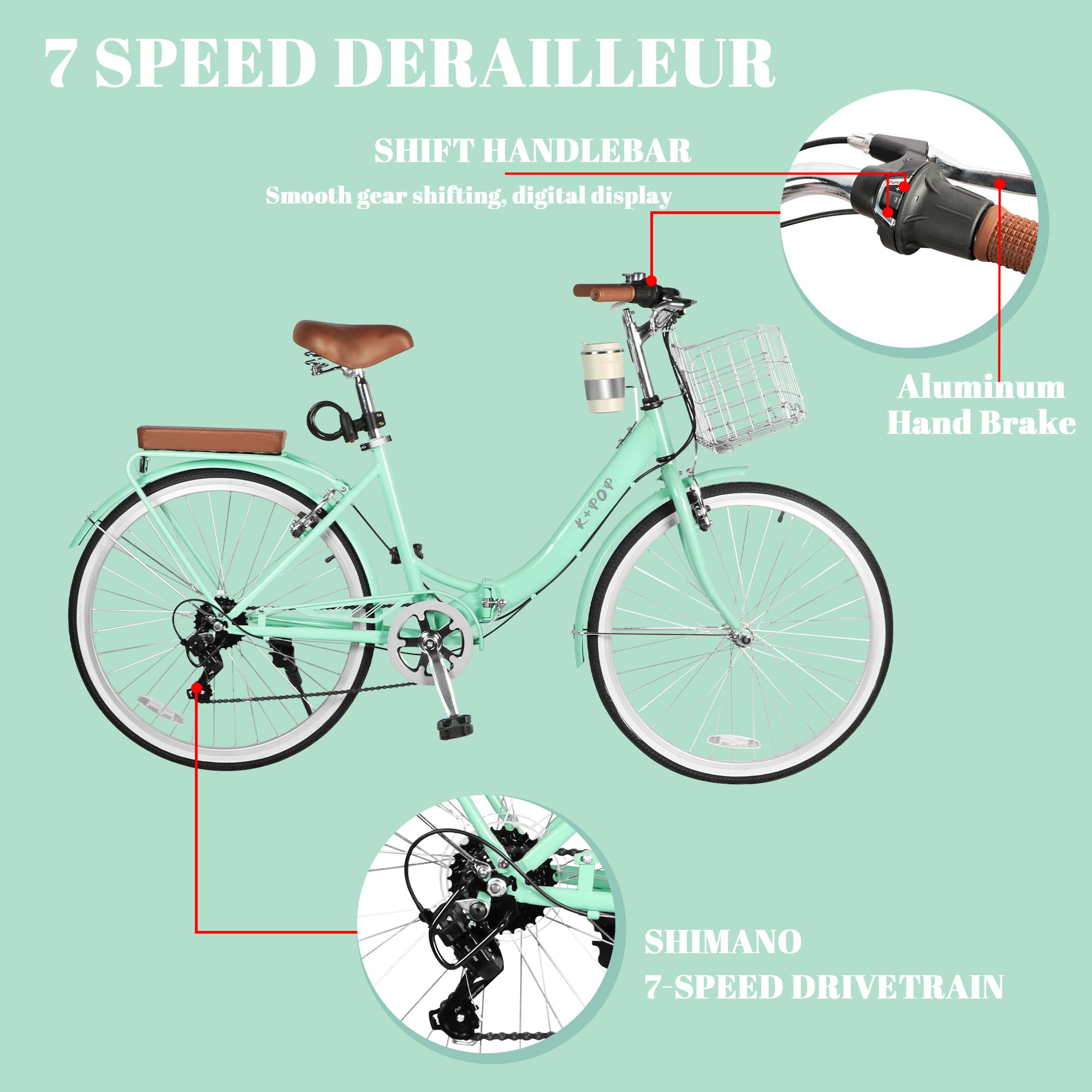 26 Inch Foldable Beach Cruiser Bike for Women - 7-Speed Commuter Bike with Detachable Cup Holder & Foldable Metal Basket - Stylish Ladies Folding Bike for Fitness, Vacation & City Riding (Green) - Perfect for Beach Outings, Daily Commutes & Leisure Cycling