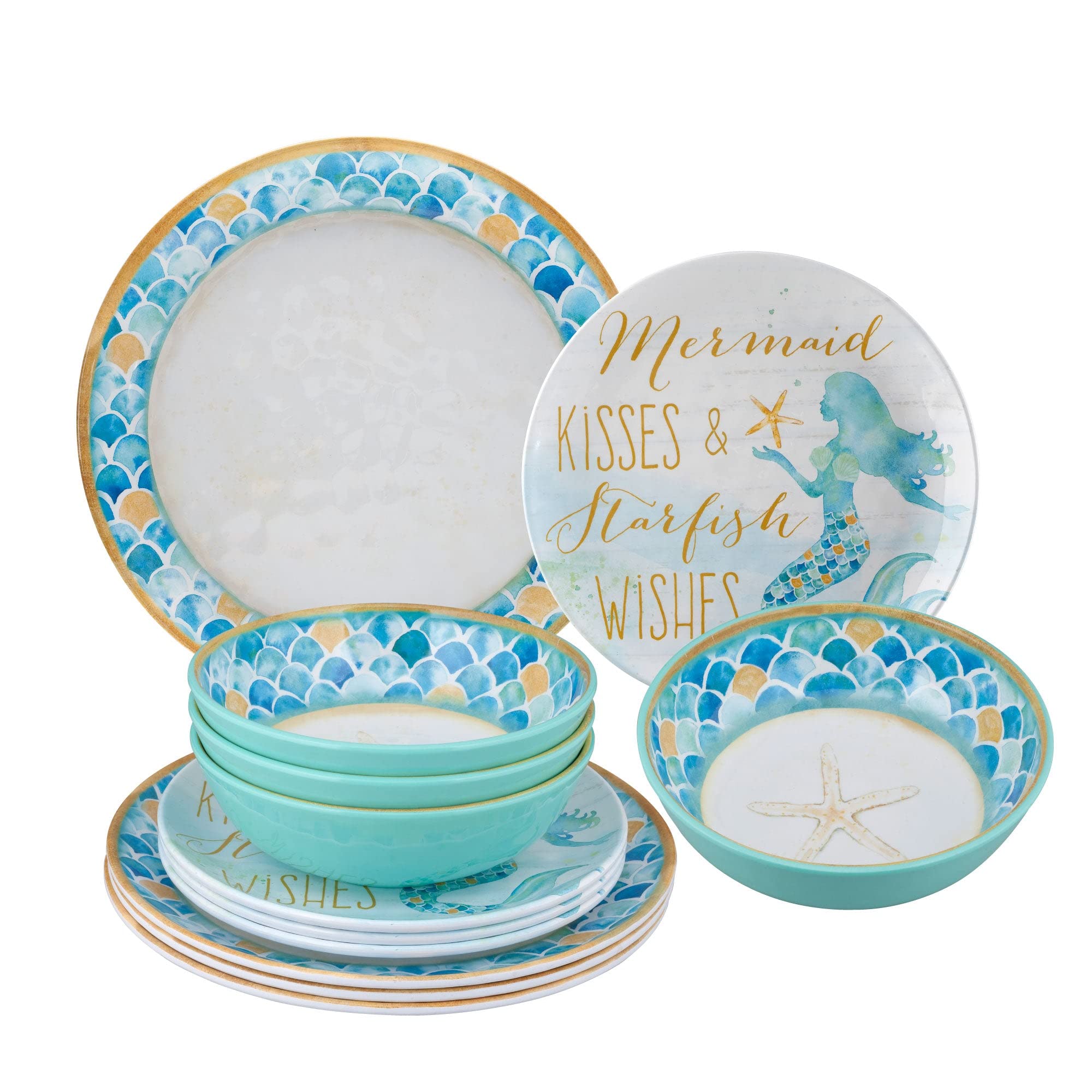 Supreme Housewares 12-Piece Melamine Dinnerware Set - 4 Dinner Plates, 4 Salad Plates & 4 Bowls for 4 People, Shatterproof & Lightweight, Mermaid Design - Perfect for Outdoor Dining, Picnics, Camping & Everyday Use