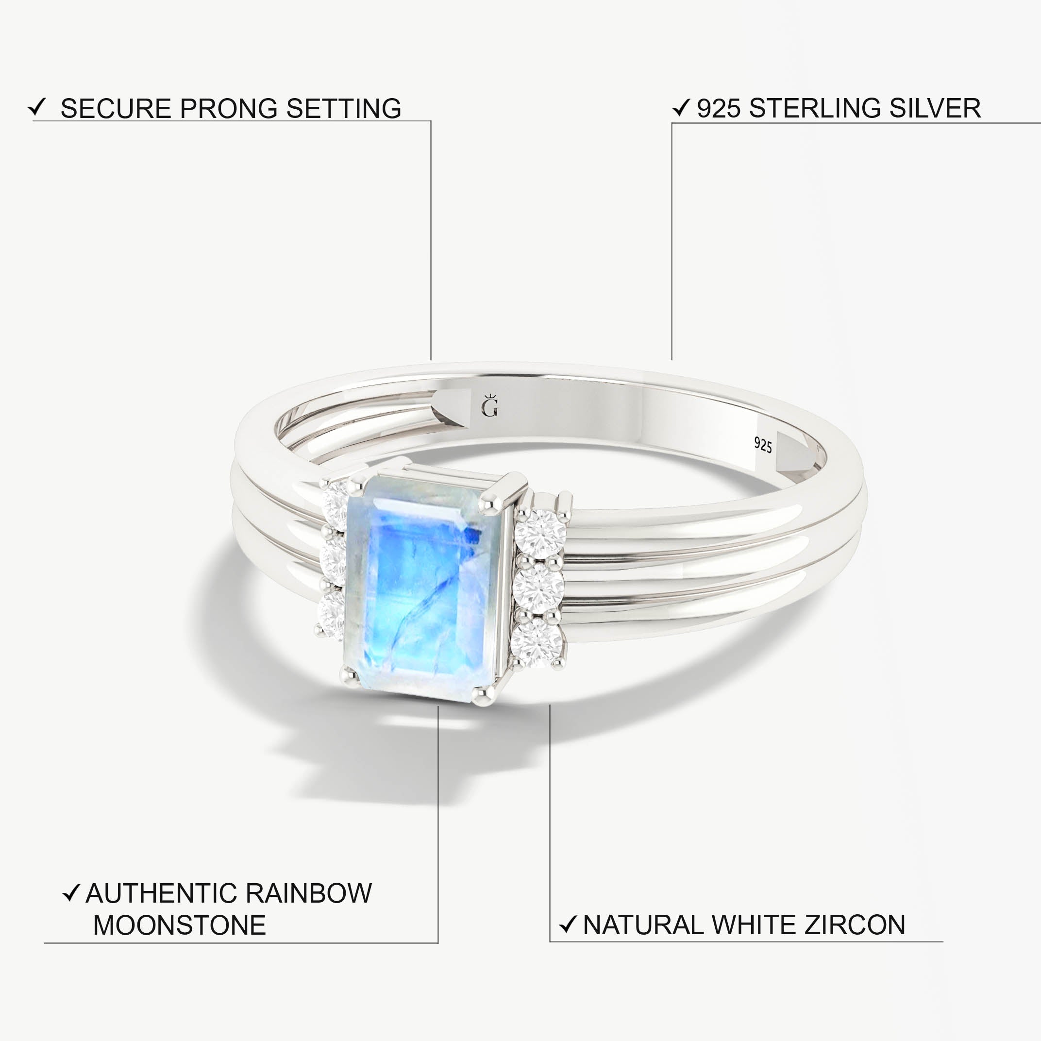 Stunning White Rainbow Moonstone Octagon Ring – Unique Handcrafted Jewelry for Women, Perfect for Weddings, Parties & Special Occasions