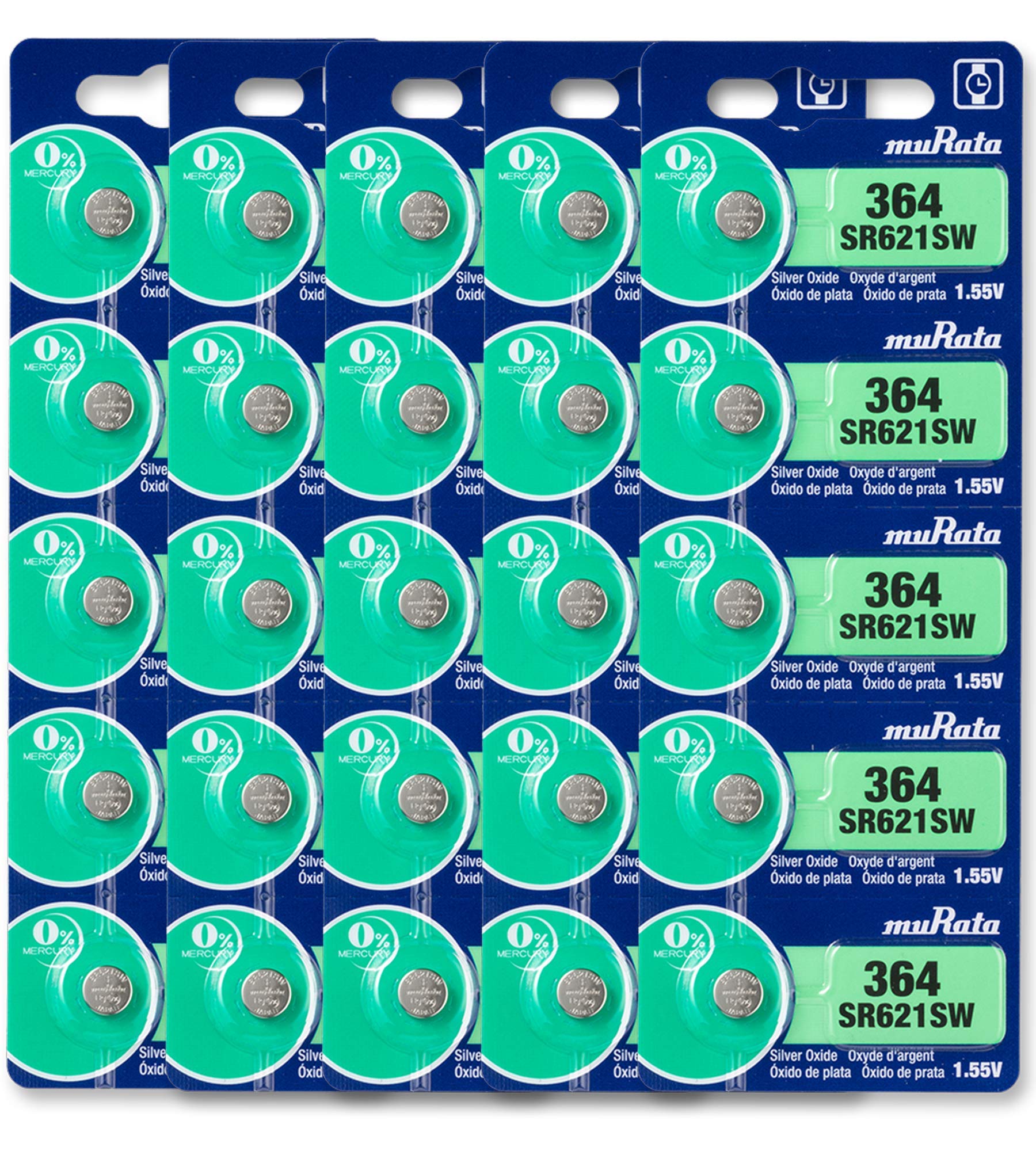 Murata 364 Battery SR621SW 1.55V Silver Oxide Watch Button Cell - 25 Pack | Replacement for Watches, Calculators, Medical Devices & Small Electronics | Long-Lasting Power Supply