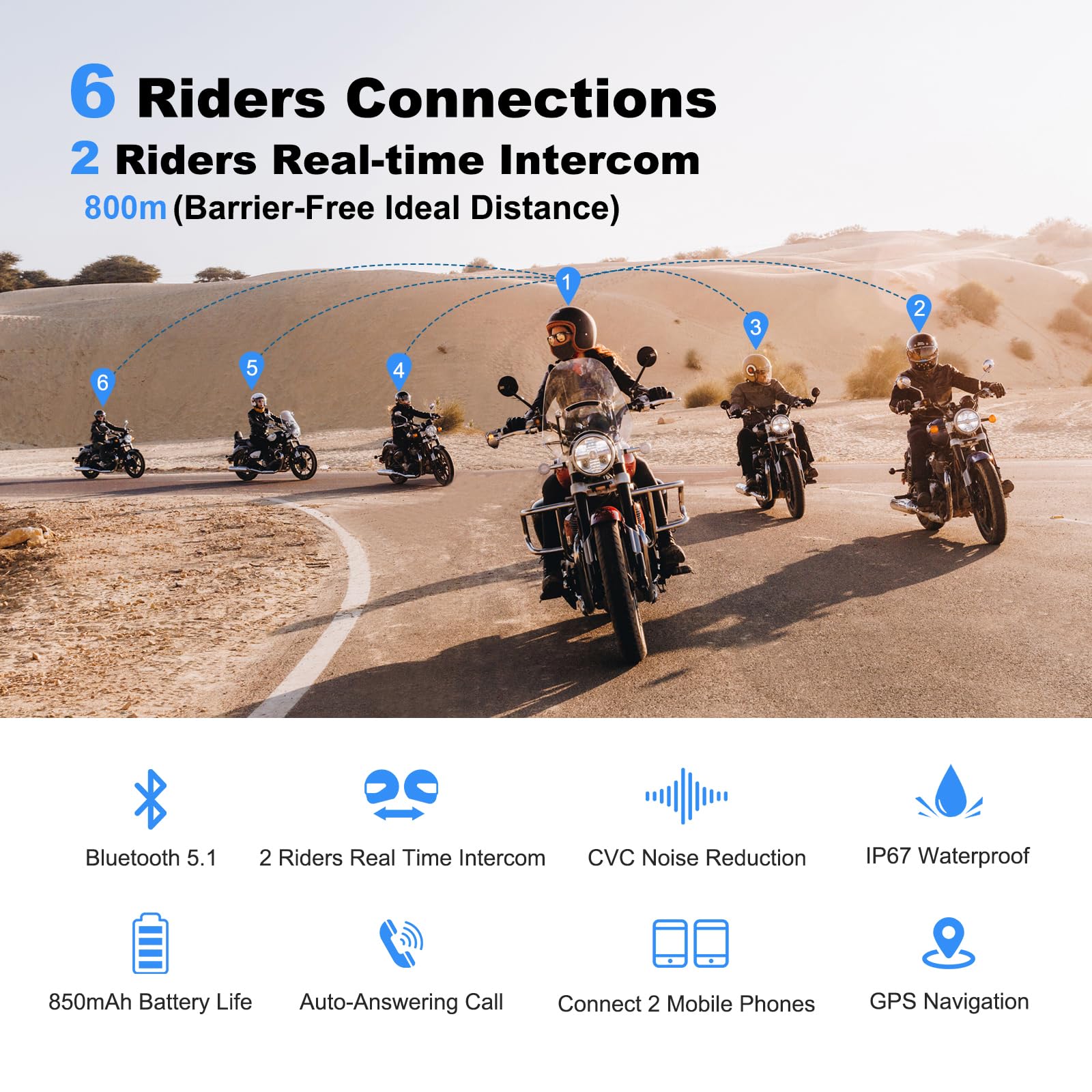 EJEAS V6 Pro Motorcycle Bluetooth Headset - Upgraded 2-Way Intercom Helmet Communication System with Auto-Answer Call & Noise Cancellation for Motorcycle Riding, Skiing, Climbing (2 Pack) | Perfect for Group Rides, Outdoor Adventures & Hands-Free Communication