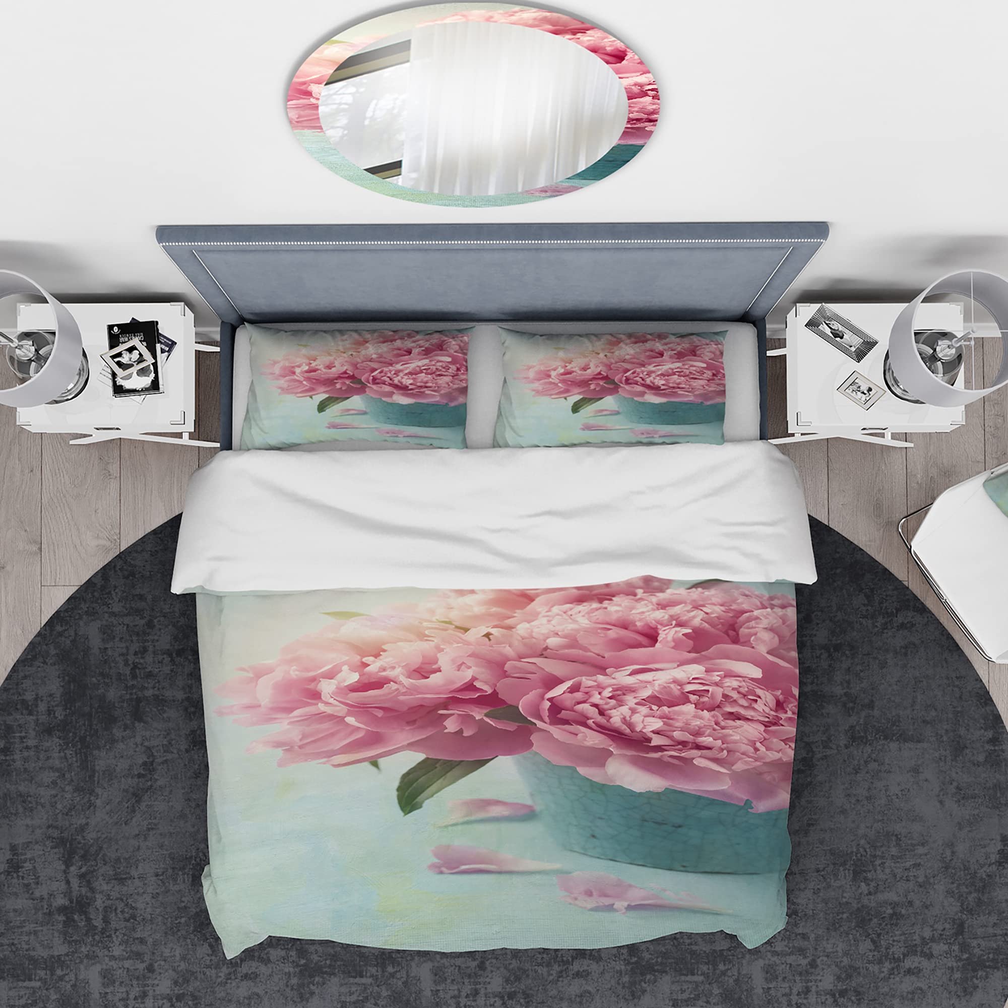 Blue Nautical & Coastal Duvet Cover Set King Size - Pink Peony Floral Design, 3-Piece All Season Bedding Set for Coastal Home Decor | Perfect for Beach House, Guest Room & Master Bedroom