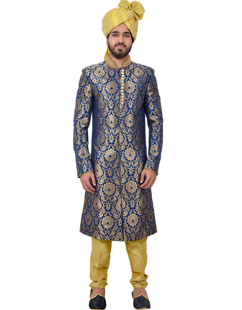 Blue Indo Western Kinkhab Brocade Silk Churidar Suit - Elegant Ethnic Outfit for Weddings, Festivals & Special Occasions