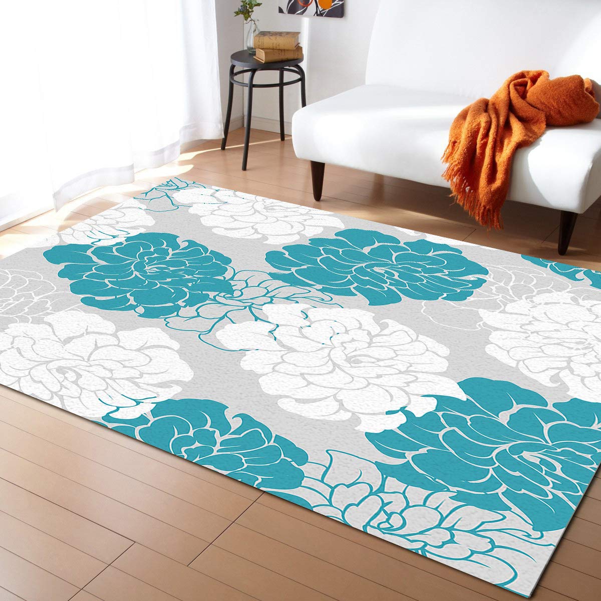 5x7ft Large Non-Slip Area Rugs - Elegant Floral Collection for Living Room, Bedroom, Hallway & Nursery - Indoor/Outdoor Decor in Teal Gray Wildflowers Pattern - Perfect for Home Decor, Apartment Styling and Cozy Spaces