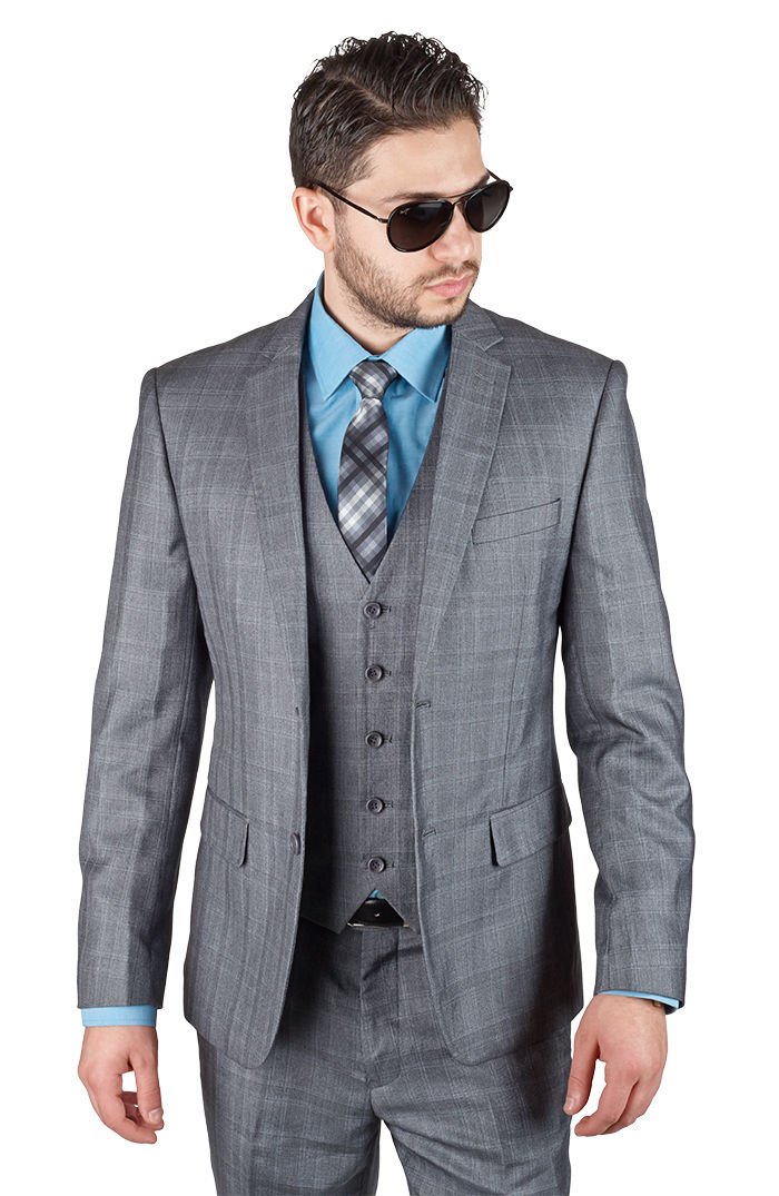 AZAR MAN Slim Fit 3 Piece Vested Plaid Grey Suit for Men - 2 Button Notch Lapel Business Formal Attire | Perfect for Weddings, Office Meetings & Special Occasions