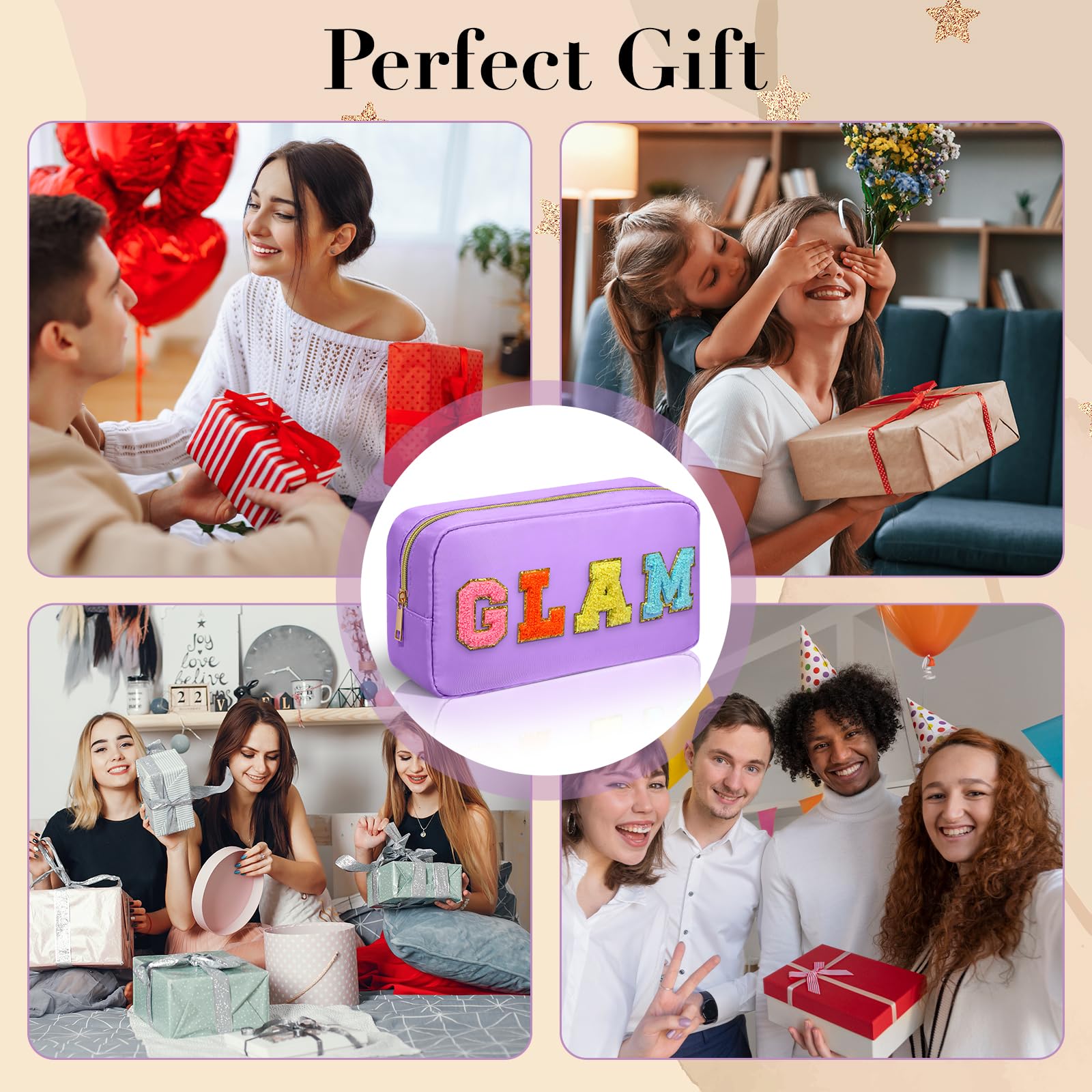 GLAM Chenille Letter Makeup Bag with Zipper - Large Capacity Waterproof Cosmetic Pouch for Women & Teens | Perfect for Travel, Gym & Daily Organization (Purple GLAM)