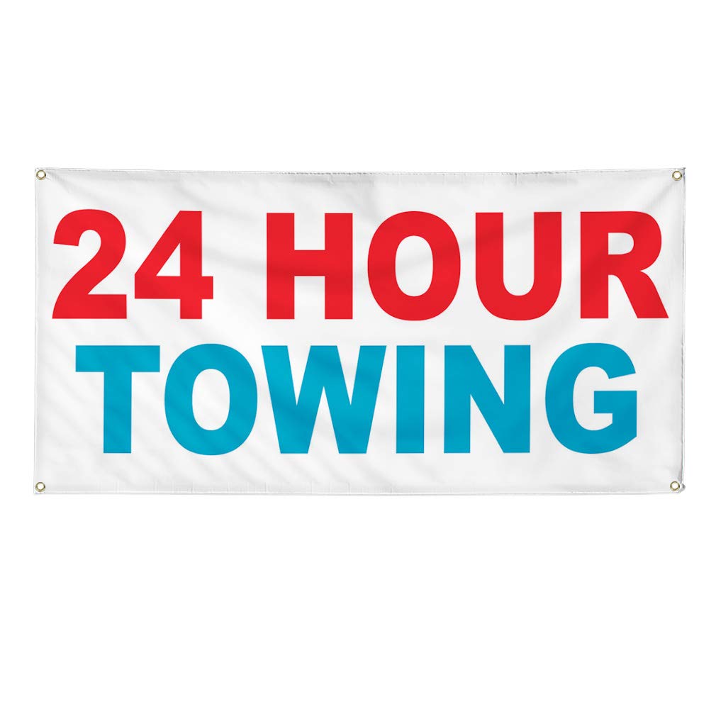 24-Hour Towing Vinyl Banner - Weatherproof Outdoor Business Sign (60x144 Inches) with 10 Grommets - Heavy Duty Yard Sign for Industrial Use, Car Dealerships & Emergency Services