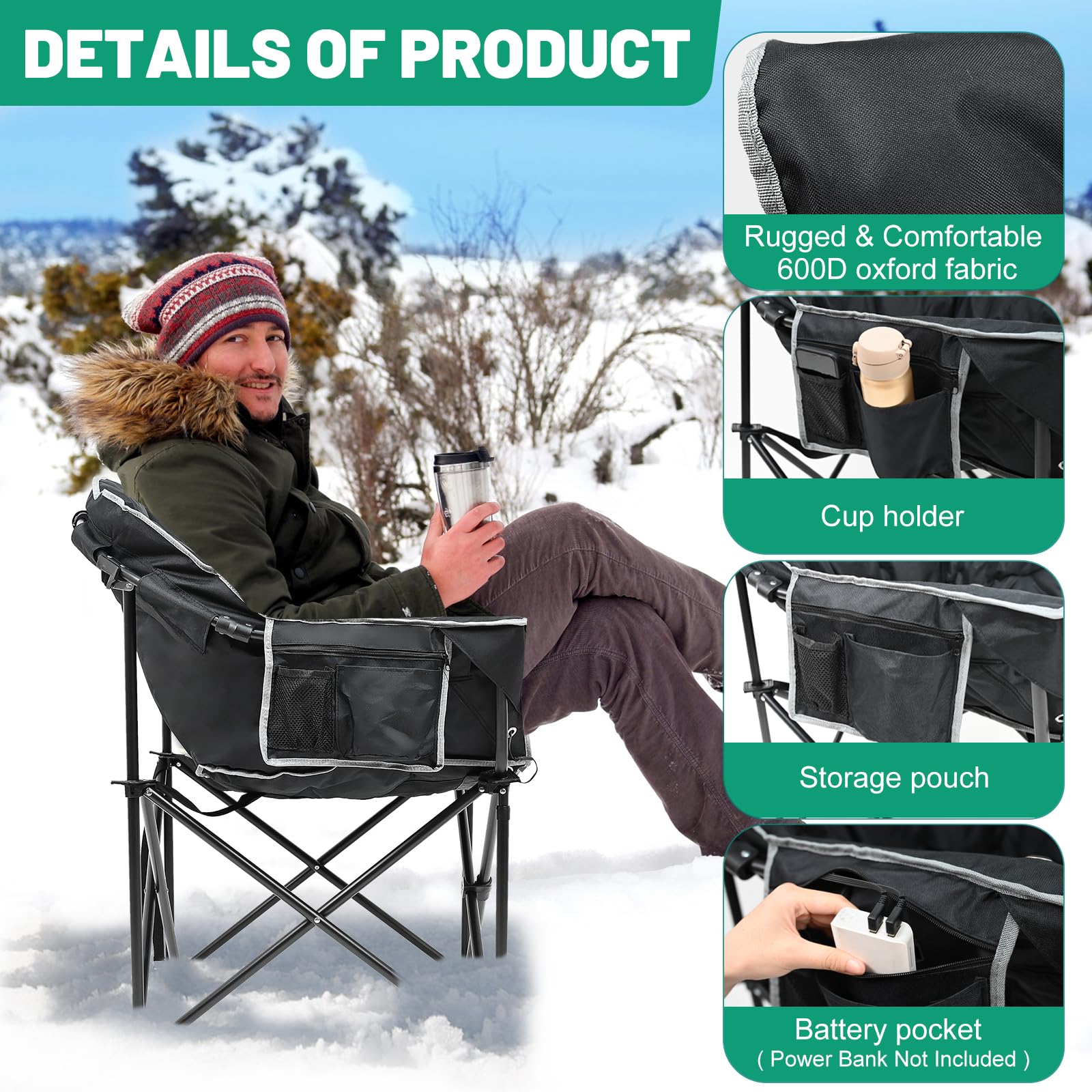 LILYPELLE Oversized Heated Camping Chair with Padded Cushion - Adjustable Back & Seat Warmers for Outdoor Sports, Hiking, Picnics & Patio Lounging | Portable Folding Chair for Camping, Beach, Backyard & Tailgating