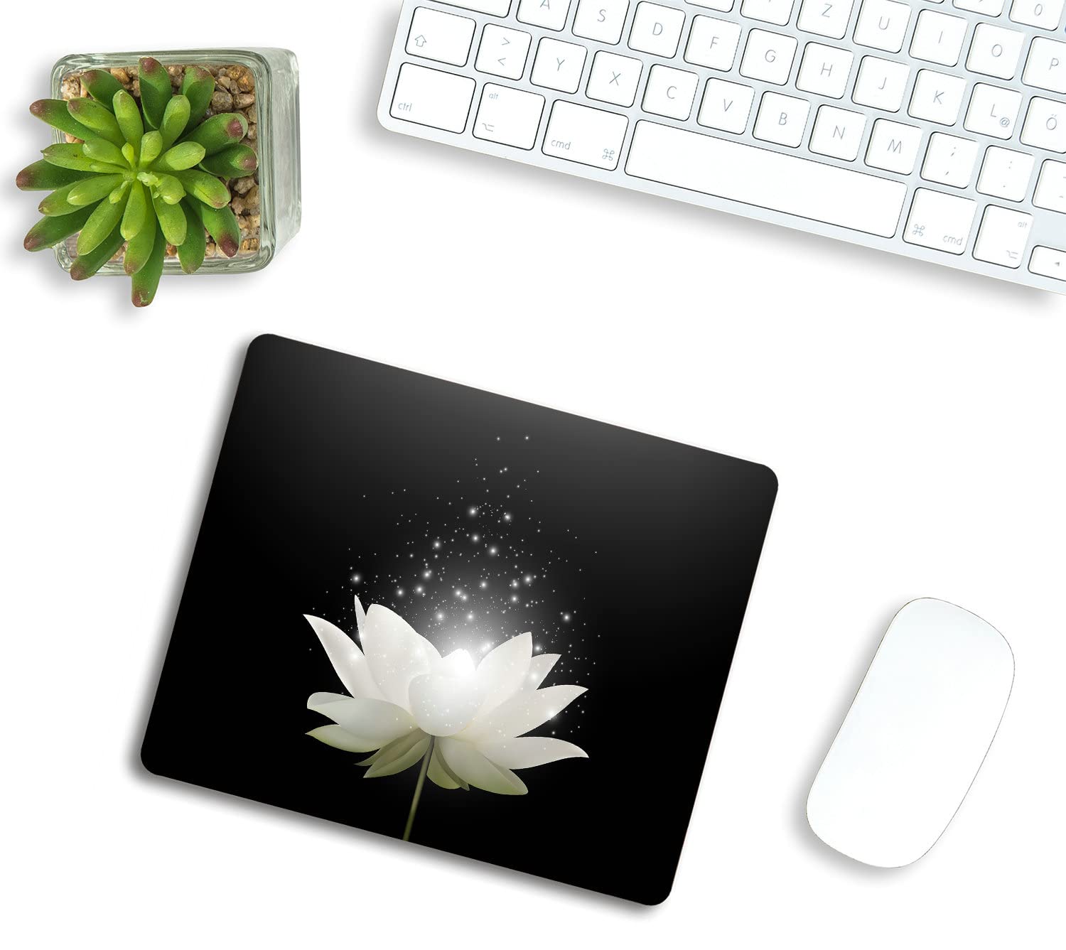 Floral Mouse Pad with White Lotus Design - Non-Slip Rubber Base Computer Mouse Mat for Wireless Mouse (9.5×7.9×0.12 inches) - Perfect for Office, Gaming & Home Workspace Decor