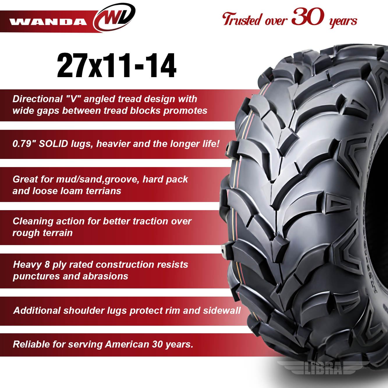 2-Pack WANDA UTV/ATV Tires 27x11-14 8PR Heavy Duty Mud Tires with 20mm Deep Tread - Perfect for Off-Roading, Trail Riding & Mud Adventures